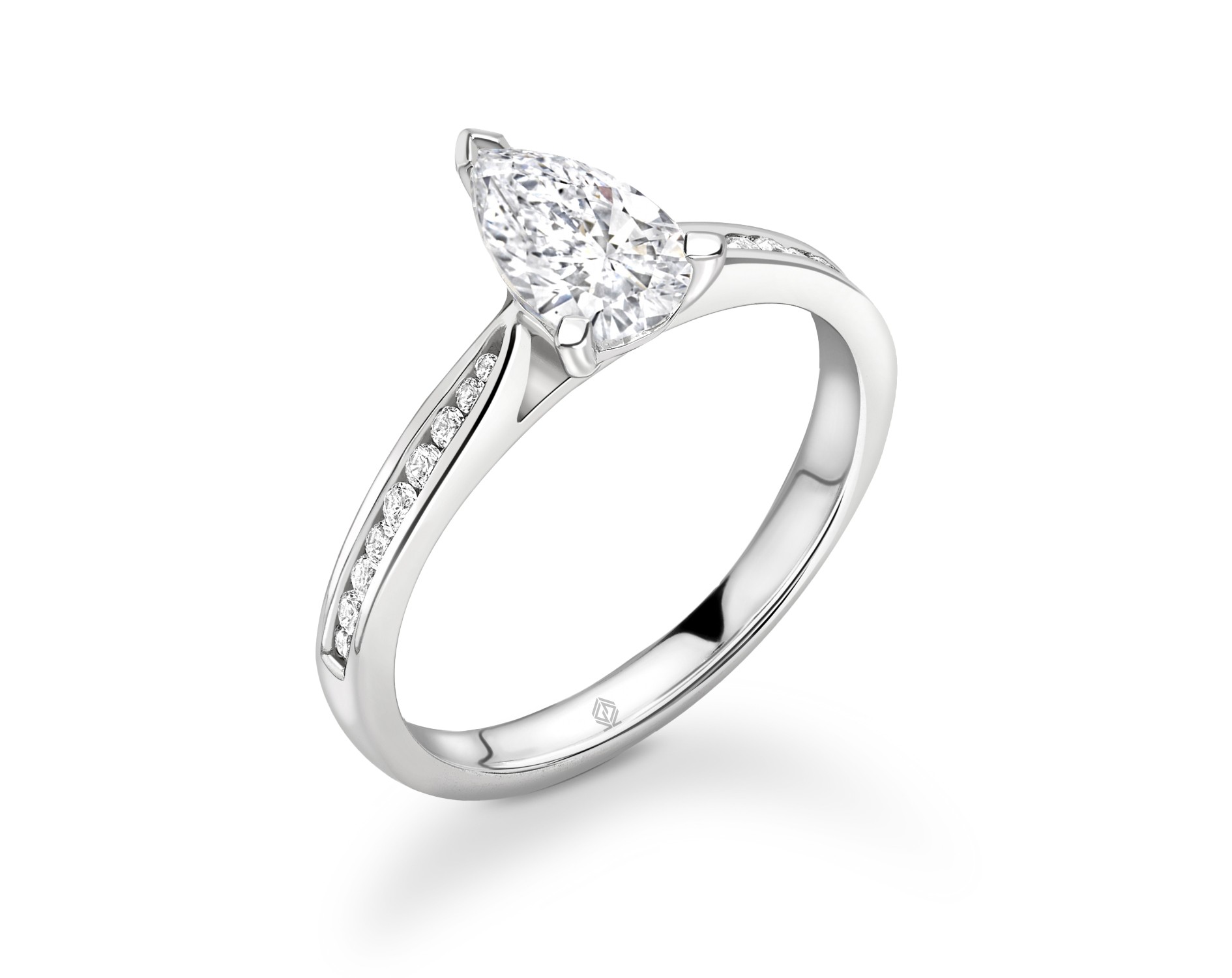 18K WHITE GOLD PEAR CUT DIAMOND ENGAGEMENT RING WITH SIDE STONES CHANNEL SET