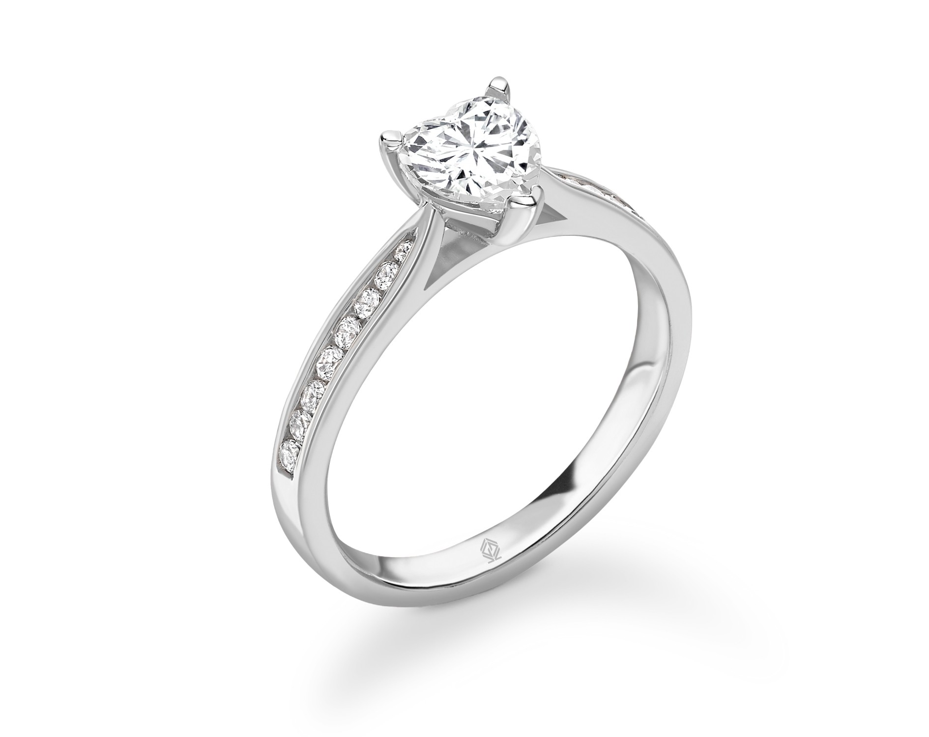 18K WHITE GOLD HEART CUT DIAMOND ENGAGEMENT RING WITH SIDE STONES CHANNEL SET