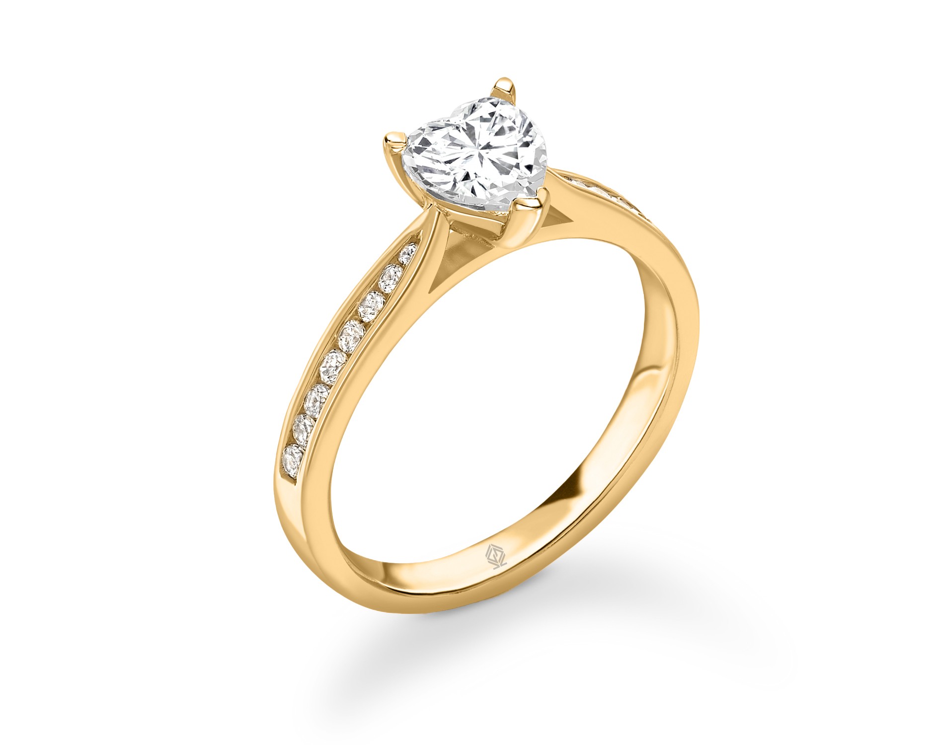 18K YELLOW GOLD HEART CUT DIAMOND ENGAGEMENT RING WITH SIDE STONES CHANNEL SET