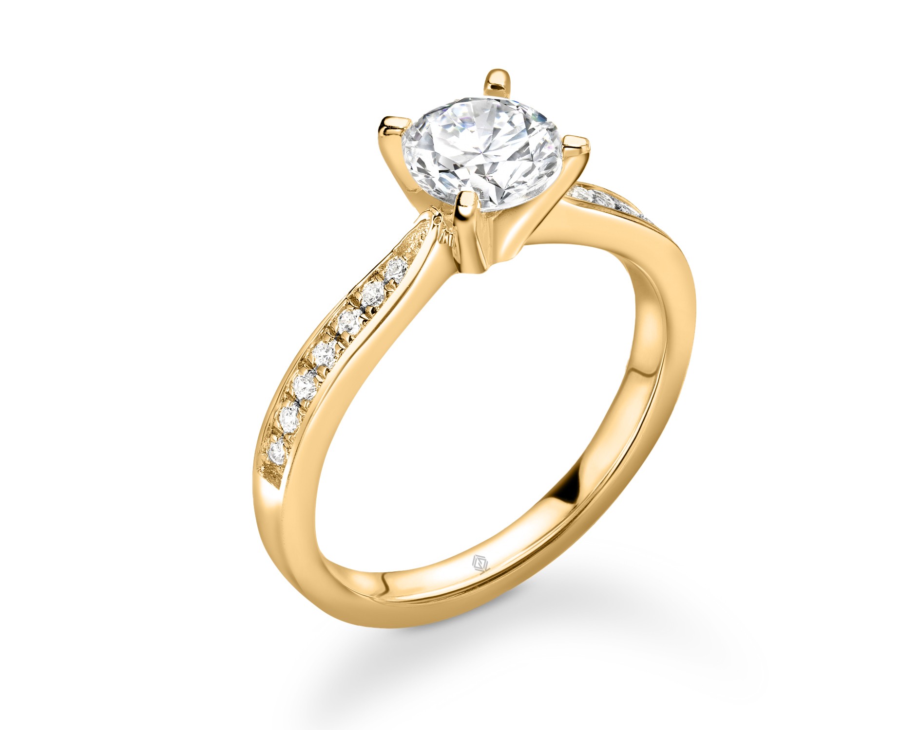 18K YELLOW GOLD 4 PRONGS ROUND CUT DIAMOND ENGAGEMENT RING WITH SIDE STONES CHANNEL SET