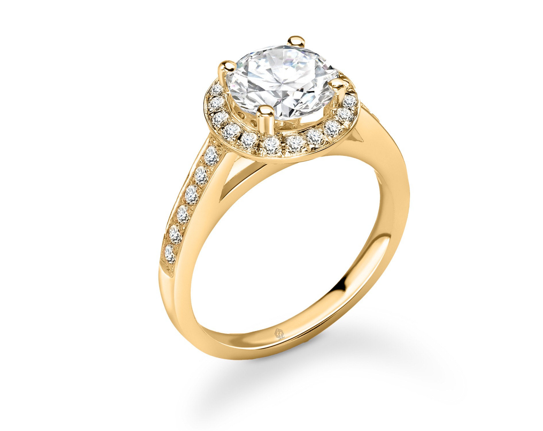 18K YELLOW GOLD ROUND CUT HALO DIAMOND RING WITH SIDE STONES CHANNEL SET