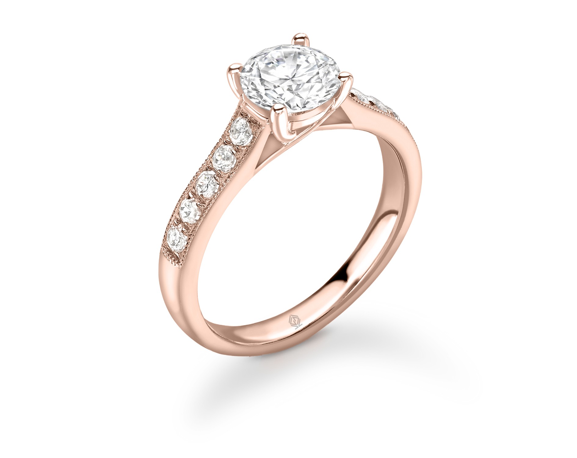 18K ROSE GOLD 4 PRONGS HEAD ROUND CUT DIAMOND ENGAGEMENT RING WITH SIDE STONES MILGRAIN CHANNEL SET