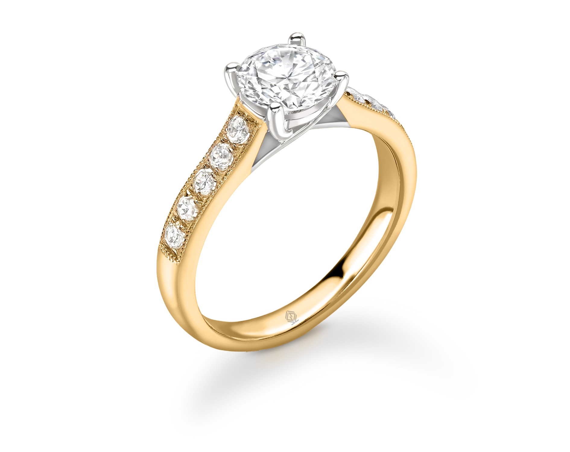 DUAL-TONE 4 PRONGS HEAD ROUND CUT DIAMOND ENGAGEMENT RING WITH SIDE STONES MILGRAIN CHANNEL SET