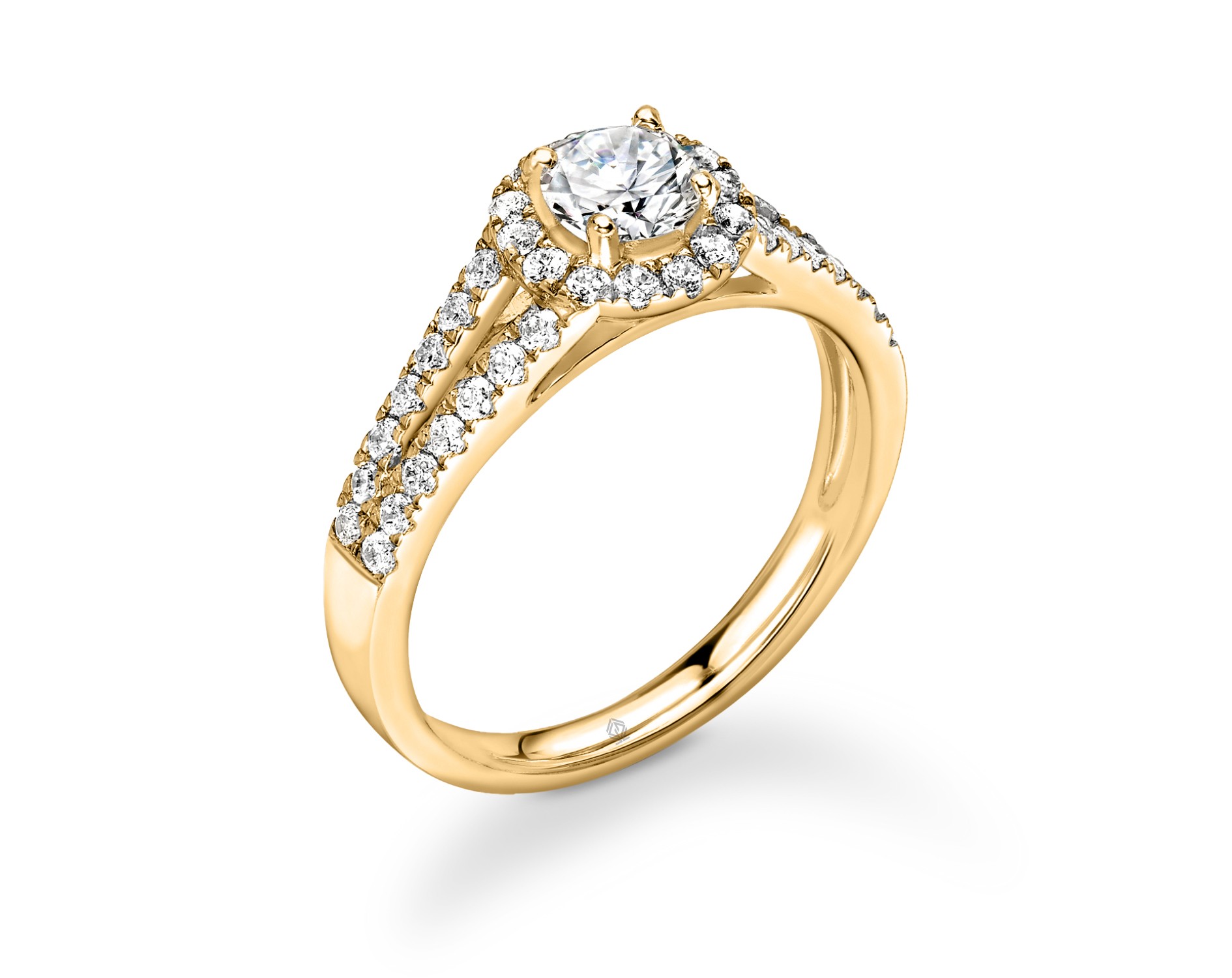 18K YELLOW GOLD ROUND CUT HALO DIAMOND ENGAGEMENT RING WITH SPLIT SHANK PAVE SET