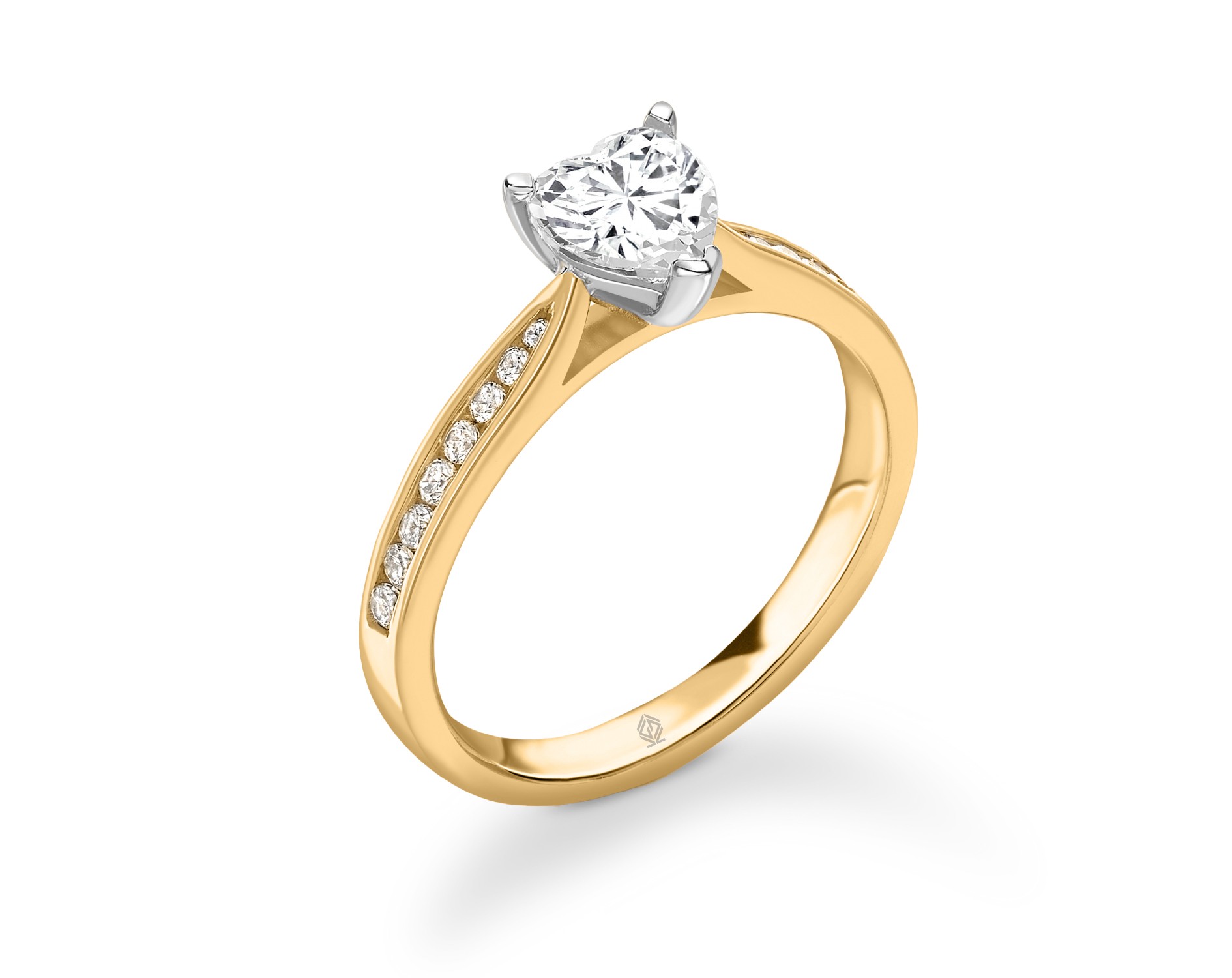 DUAL-TONE HEART CUT DIAMOND ENGAGEMENT RING WITH SIDE STONES CHANNEL SET