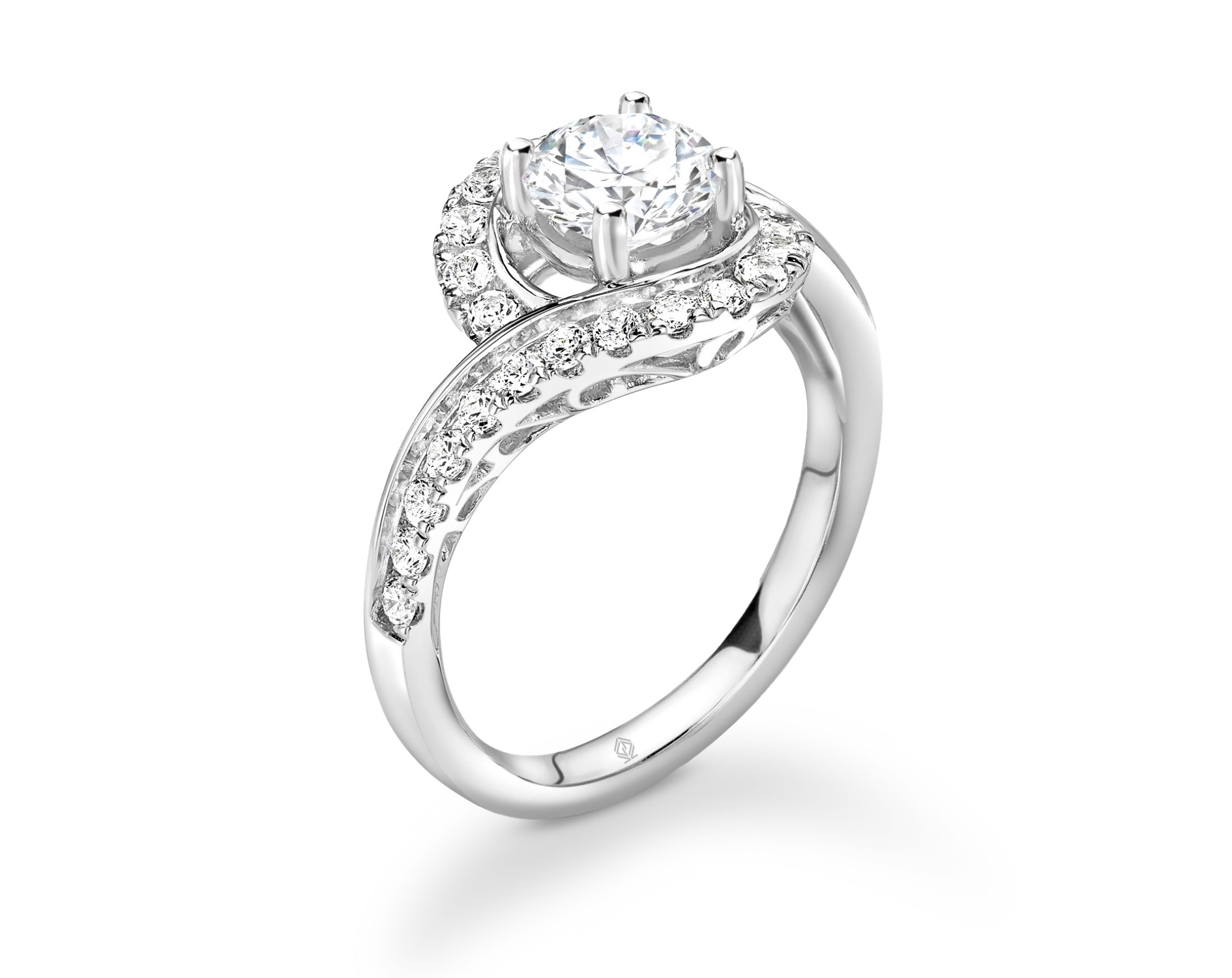 18K WHITE GOLD HALO DIAMOND AND TWISTED SHANK ENGAGEMENT RING IN PAVE SET