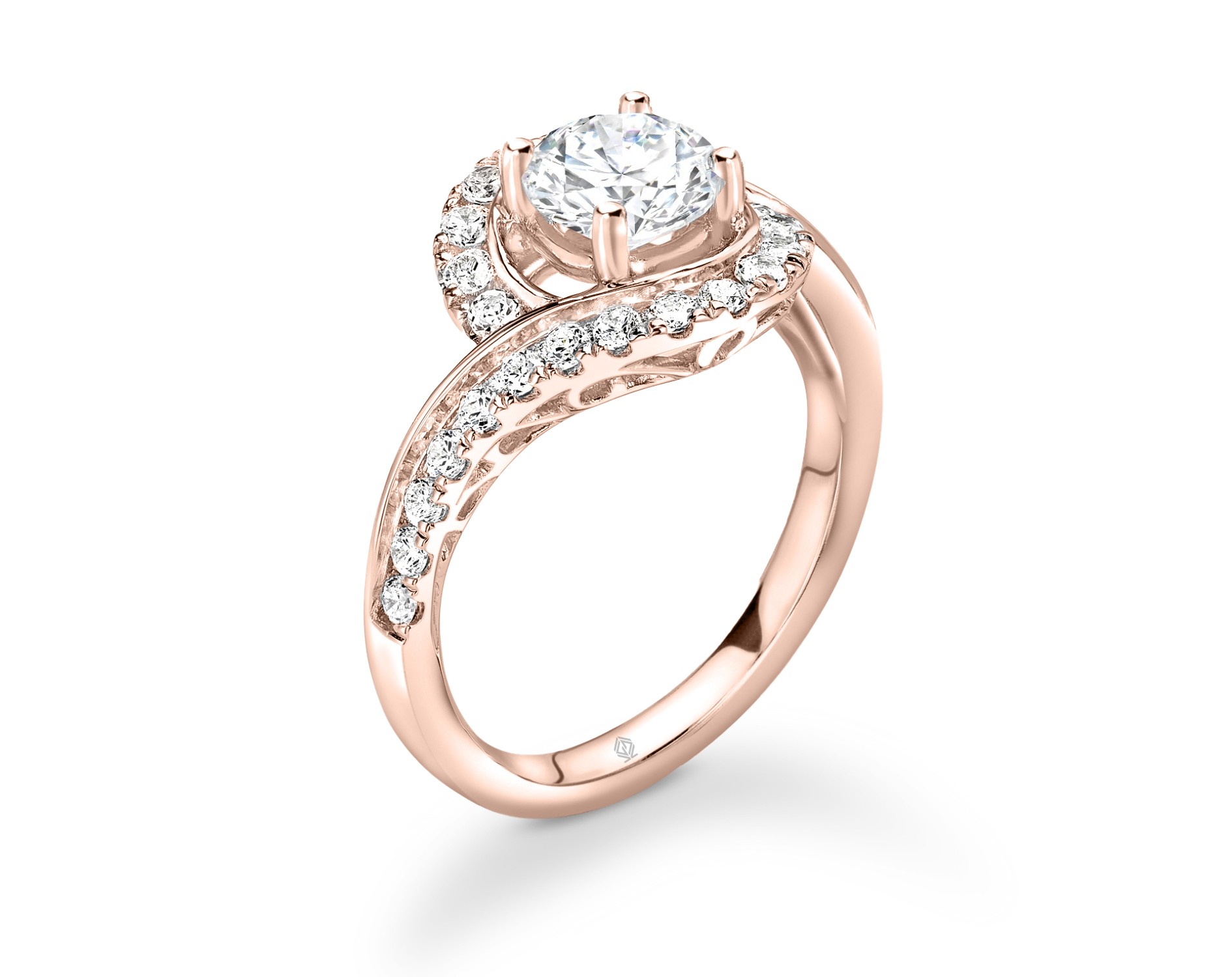 18K ROSE GOLD HALO DIAMOND AND TWISTED SHANK ENGAGEMENT RING IN PAVE SET
