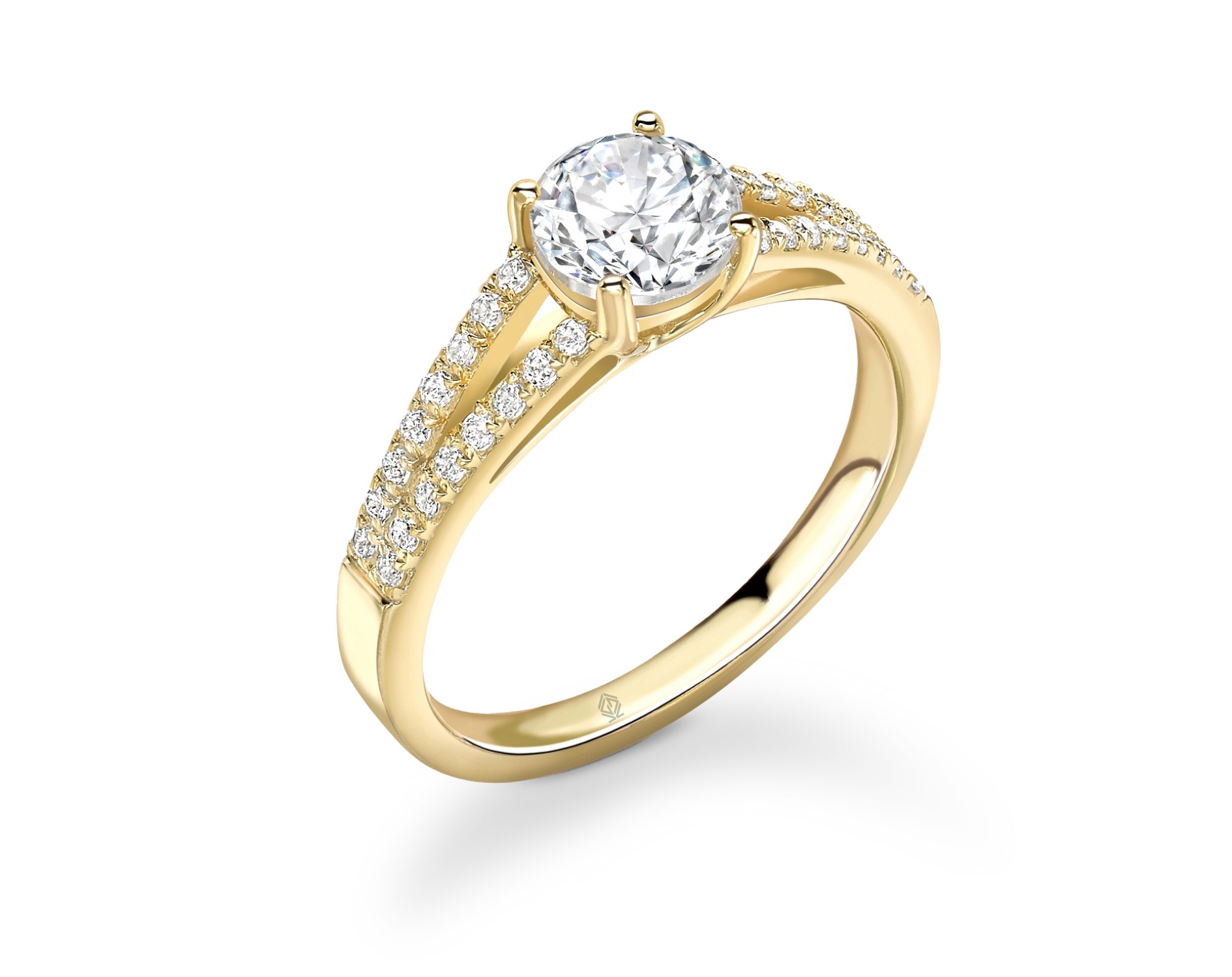 18K YELLOW GOLD ROUND CUT DIAMOND ENGAGEMENT WITH SPLIT SHANK AND SIDE STONES PAVE SET