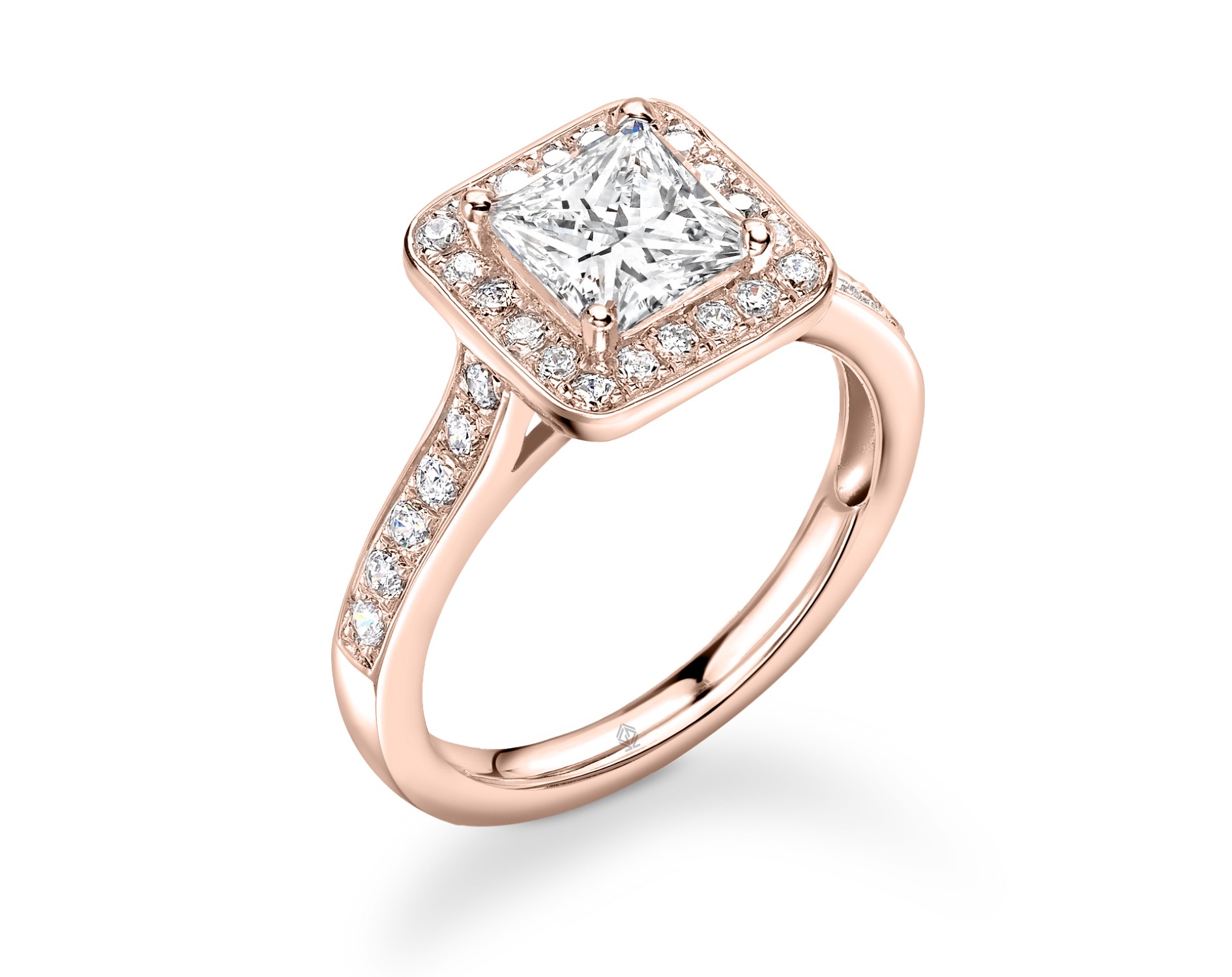 18K ROSE GOLD PRINCESS CUT HALO DIAMOND ENGAGEMENT RING WITH SIDE STONES CHANNEL SET