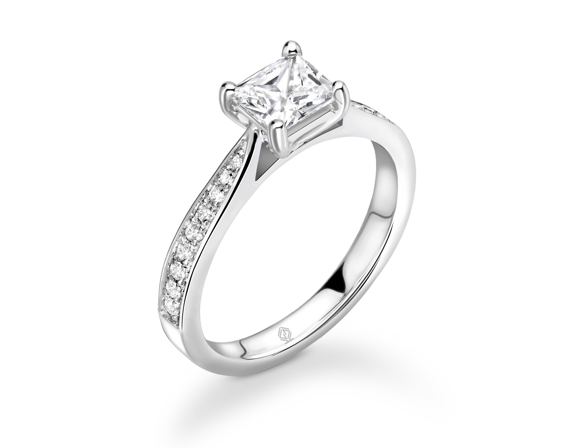 18K WHITE GOLD PRINCESS CUT DIAMOND ENGAGEMENT RING WITH SIDE STONES CHANNEL SET