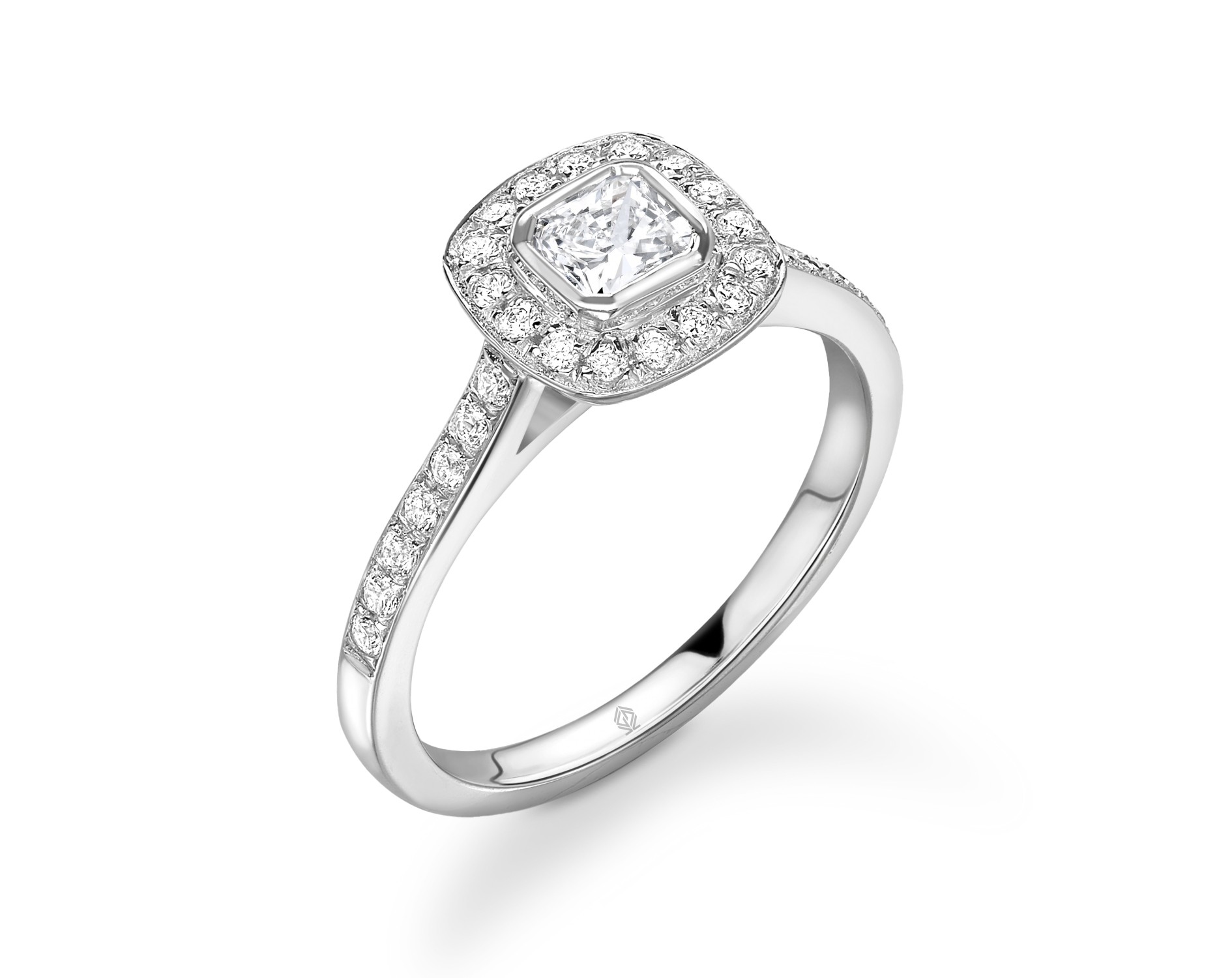 18K WHITE GOLD CUSHION CUT HALO DIAMOND ENGAGEMENT RING WITH SIDE STONES CHANNEL SET