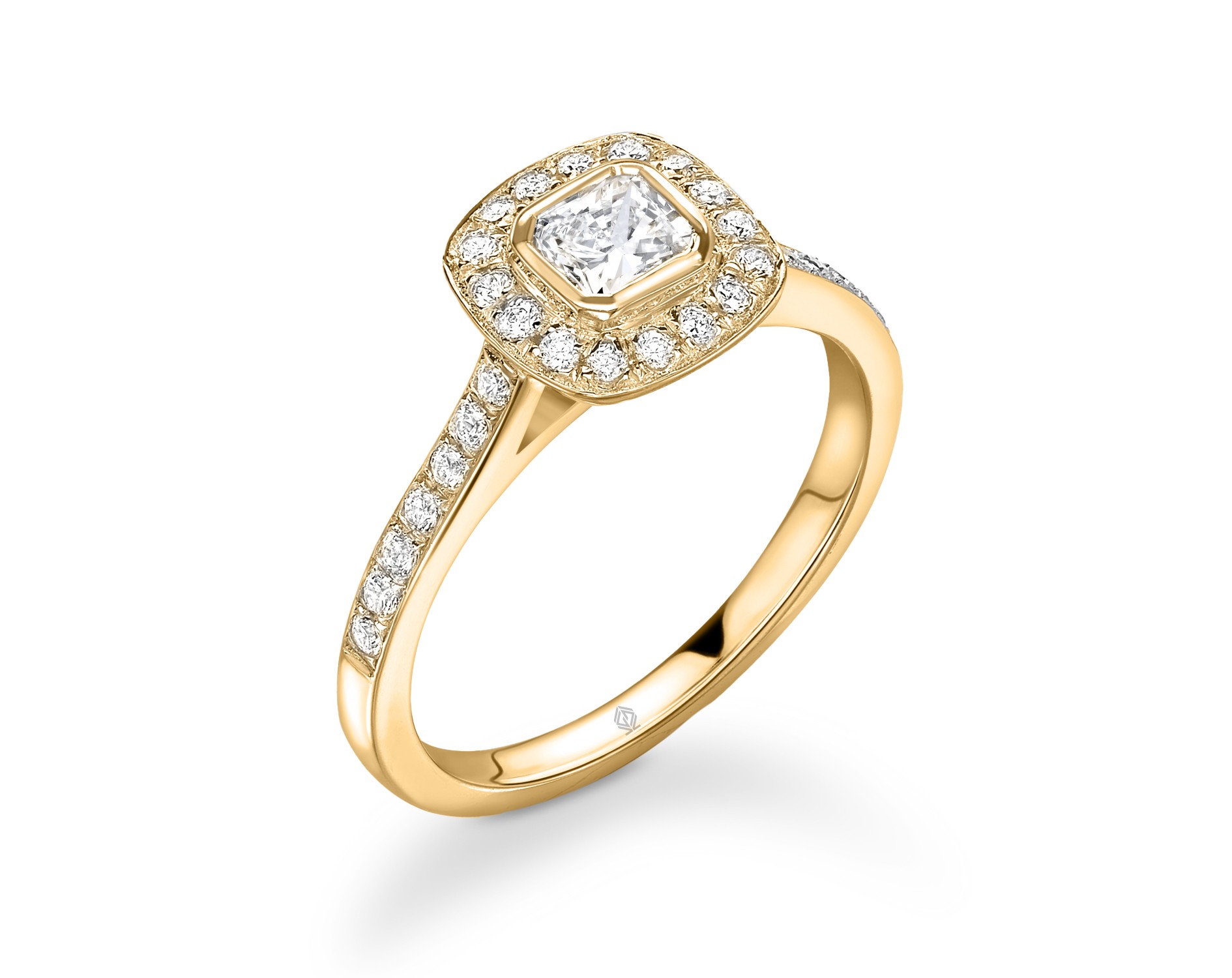 18K YELLOW GOLD CUSHION CUT HALO DIAMOND ENGAGEMENT RING WITH SIDE STONES CHANNEL SET