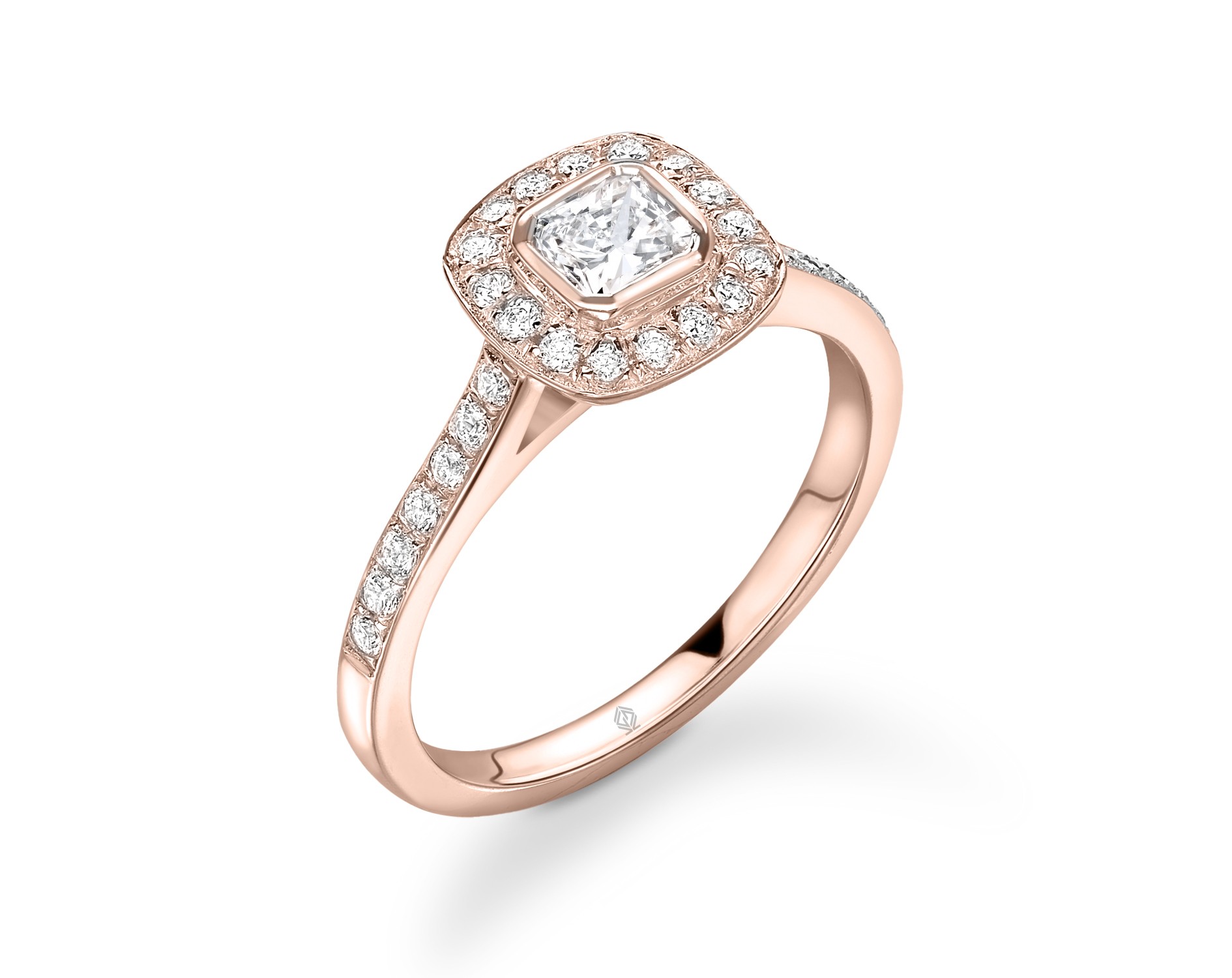 18K ROSE GOLD CUSHION CUT HALO DIAMOND ENGAGEMENT RING WITH SIDE STONES CHANNEL SET
