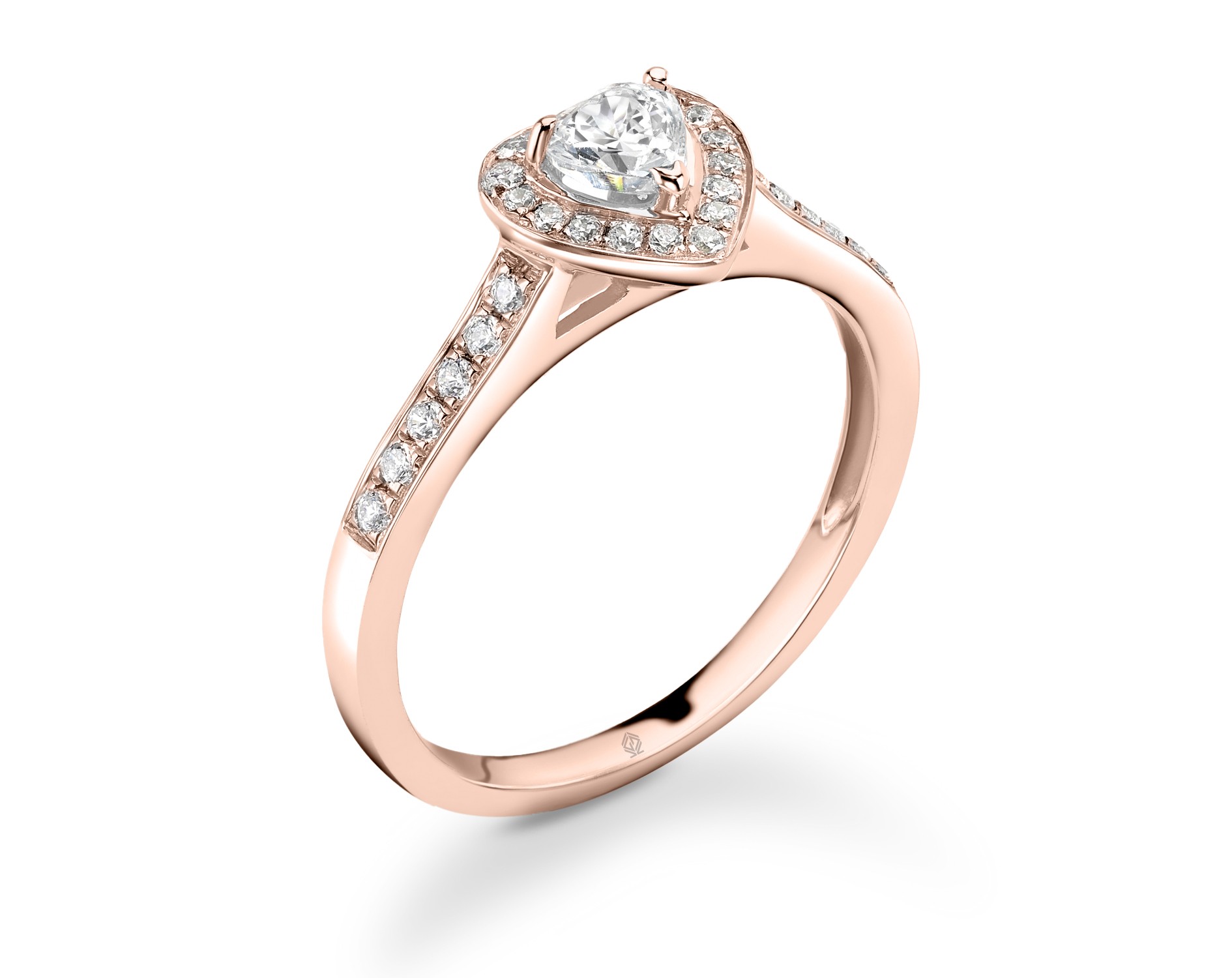 18K ROSE GOLD HEART CUT HALO DIAMOND ENGAGEMENT RING WITH SIDE STONES CHANNEL SET