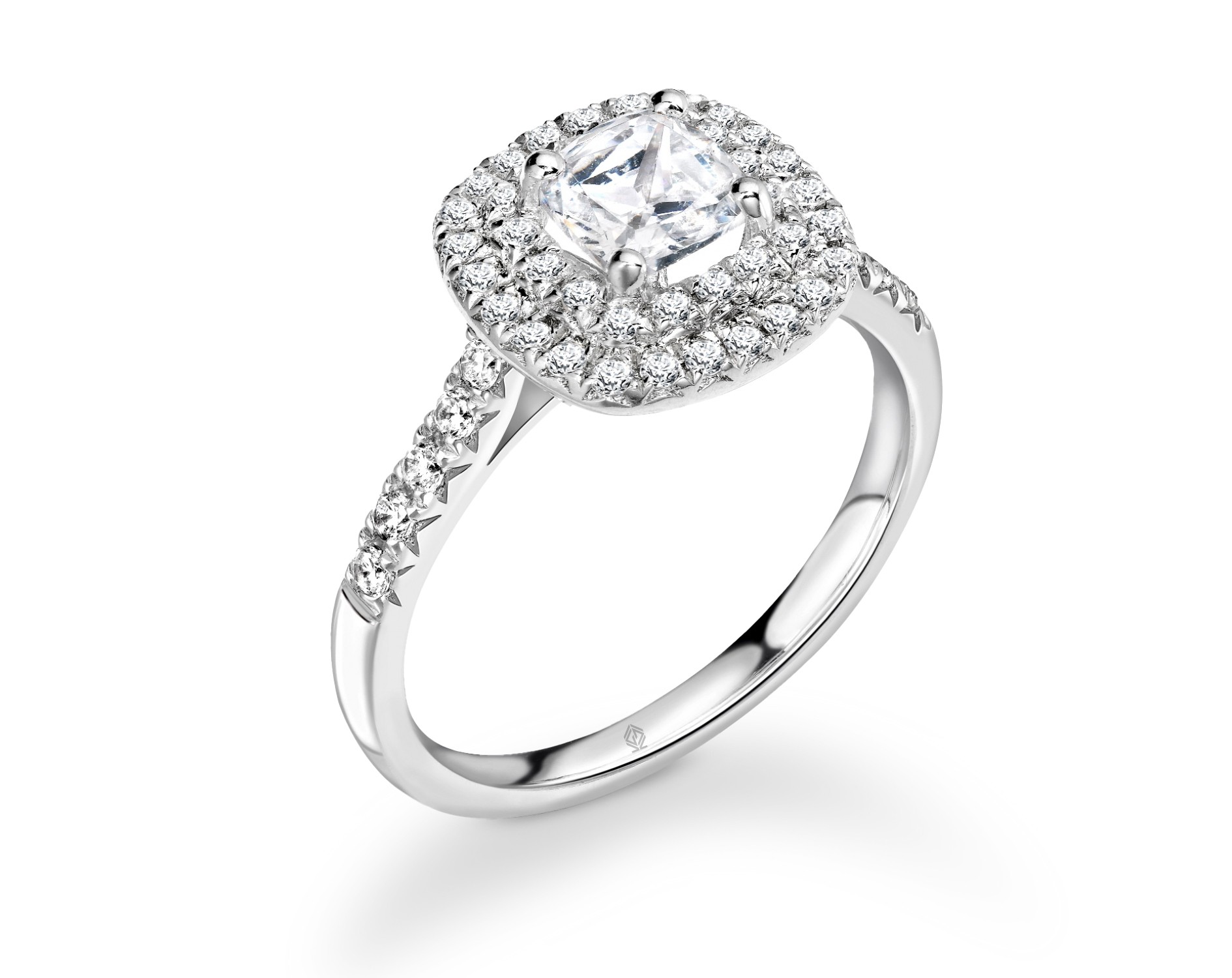 18K WHITE GOLD DOUBLE HALO CUSHION CUT DIAMOND ENGAGEMENT RING WITH SIDE STONES PAVE SET