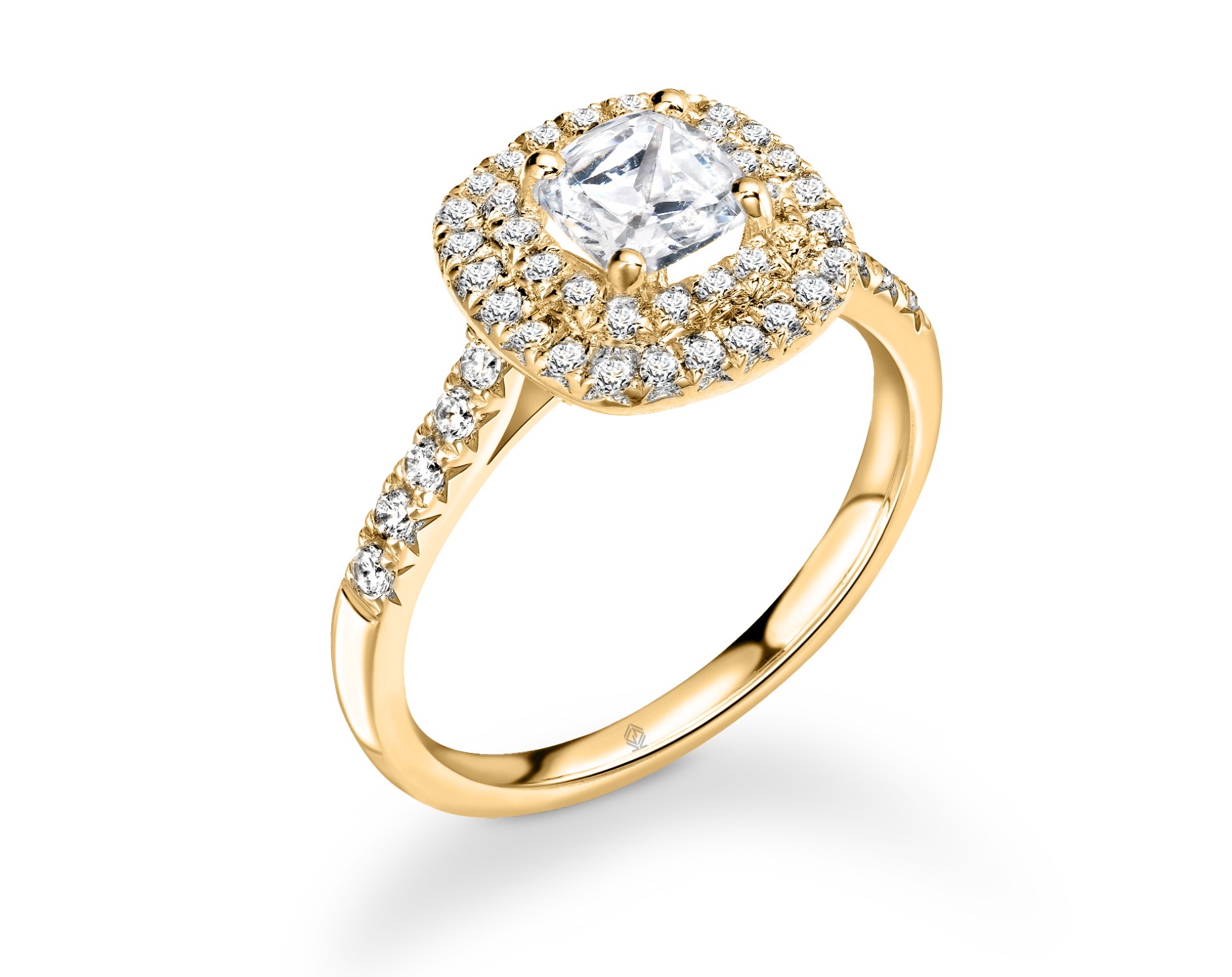 18K YELLOW GOLD DOUBLE HALO CUSHION CUT DIAMOND ENGAGEMENT RING WITH SIDE STONES PAVE SET
