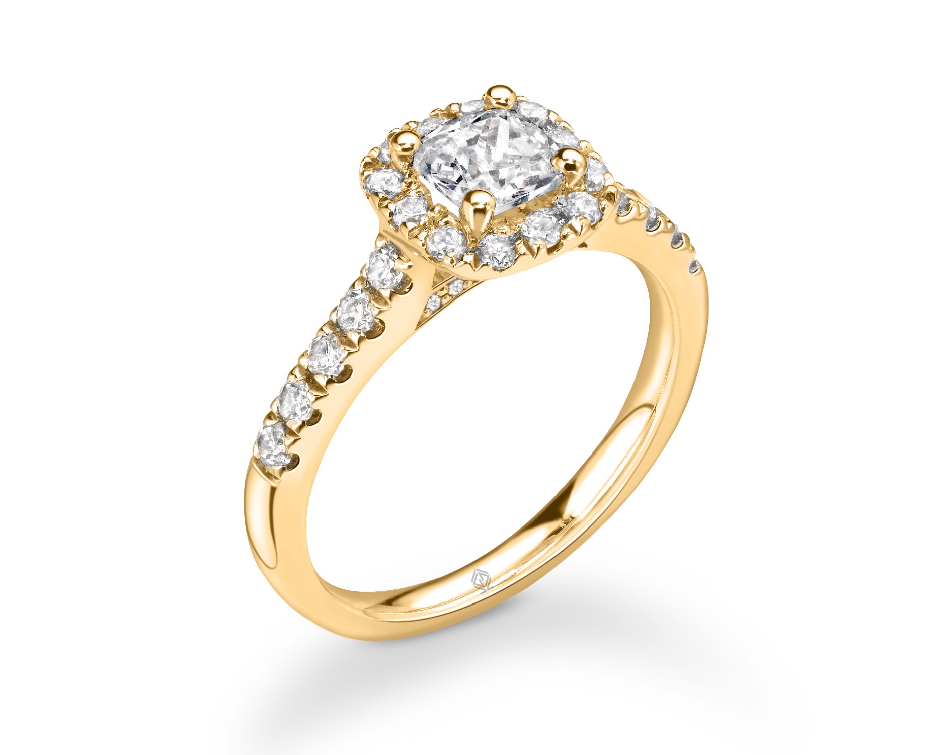 18K YELLOW GOLD HALO CUSHION CUT DIAMOND ENGAGEMENT RING WITH SIDE STONES PAVE SET