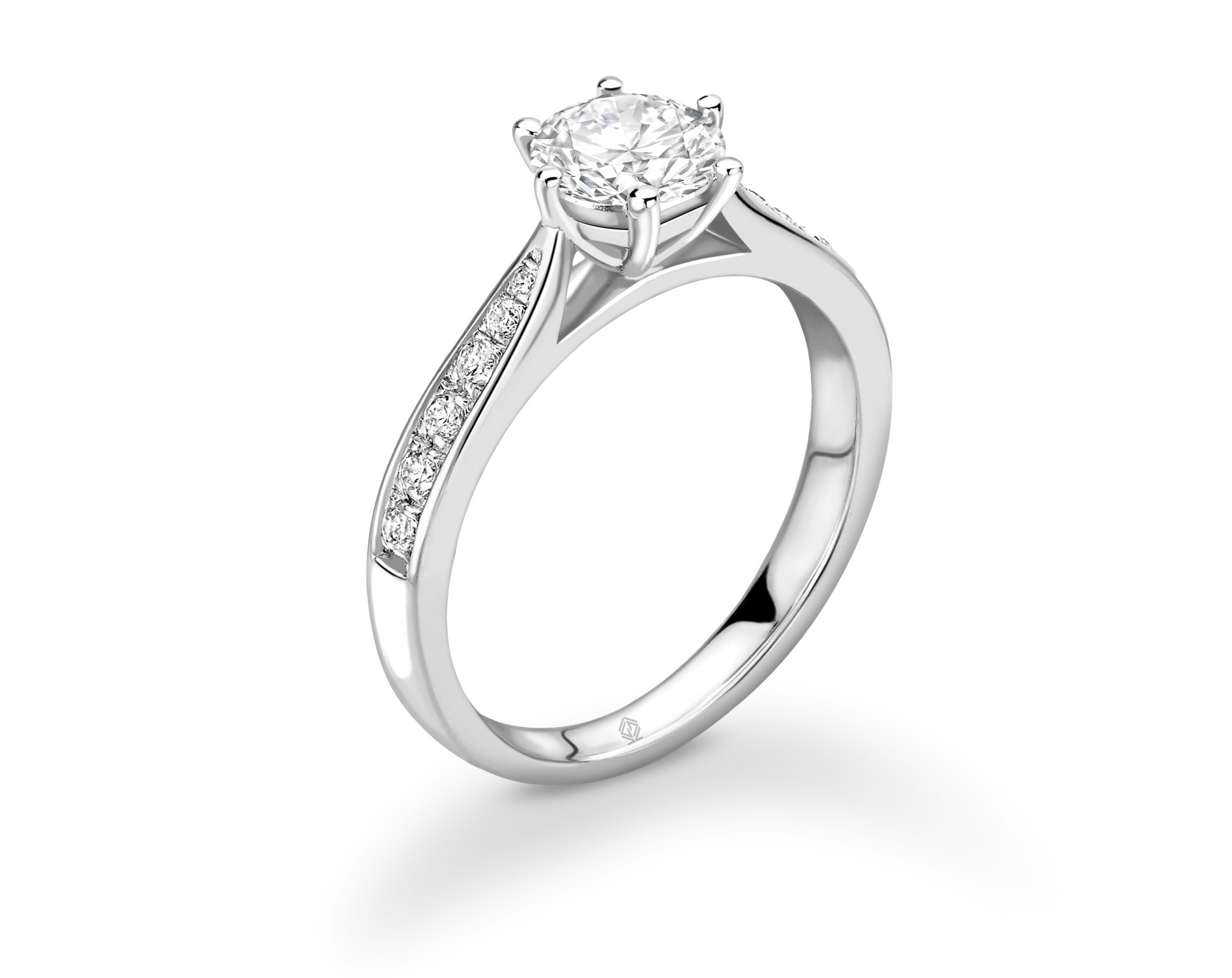 18K WHITE GOLD 6 PRONGS ROUND CUT DIAMOND ENGAGEMENT RING WITH SIDE STONES CHANNEL SET