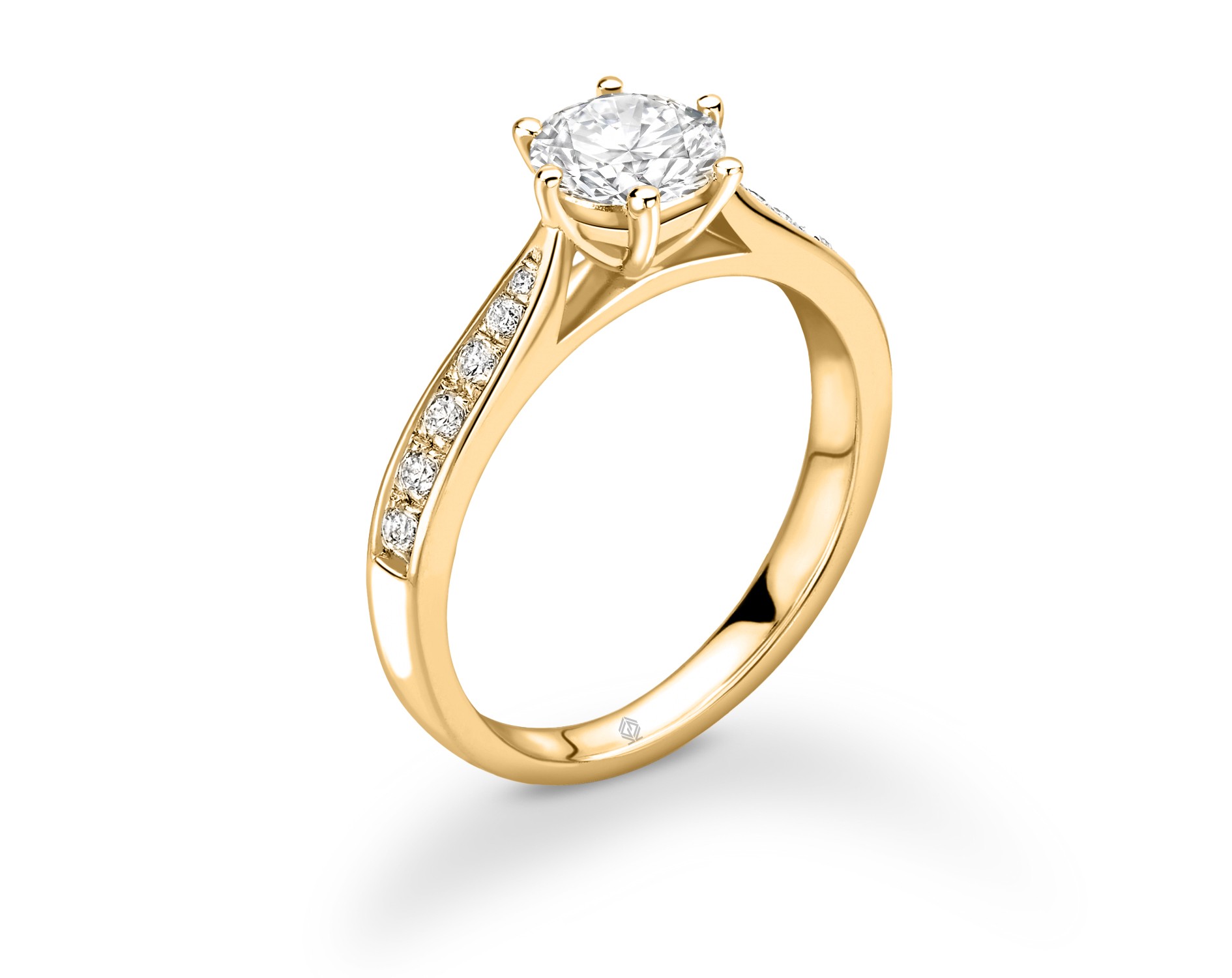 18K YELLOW GOLD 6 PRONGS ROUND CUT DIAMOND ENGAGEMENT RING WITH SIDE STONES CHANNEL SET