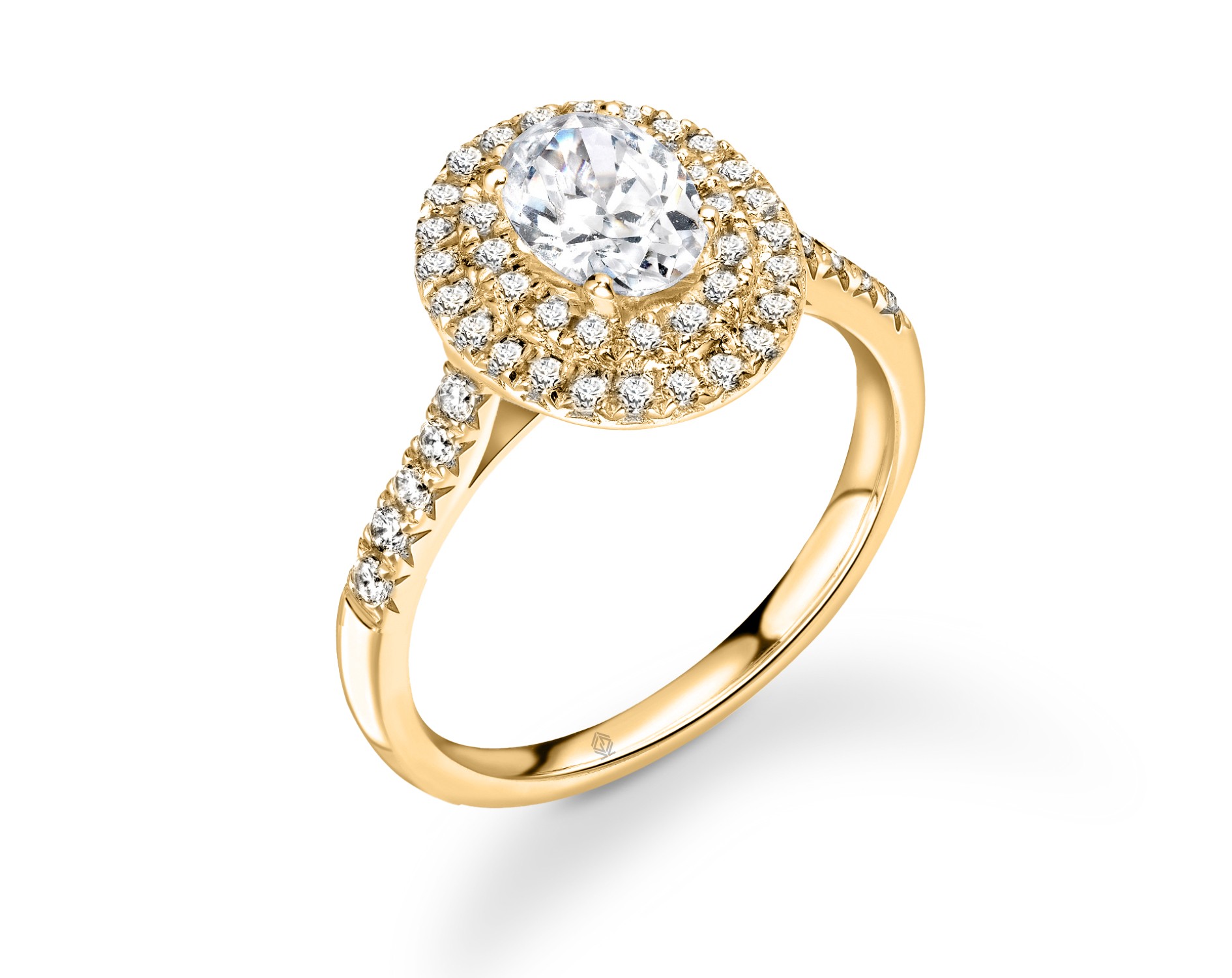 18K YELLOW GOLD DOUBLE HALO OVAL CUT DIAMOND ENGAGEMENT RING WITH SIDE STONES PAVE SET