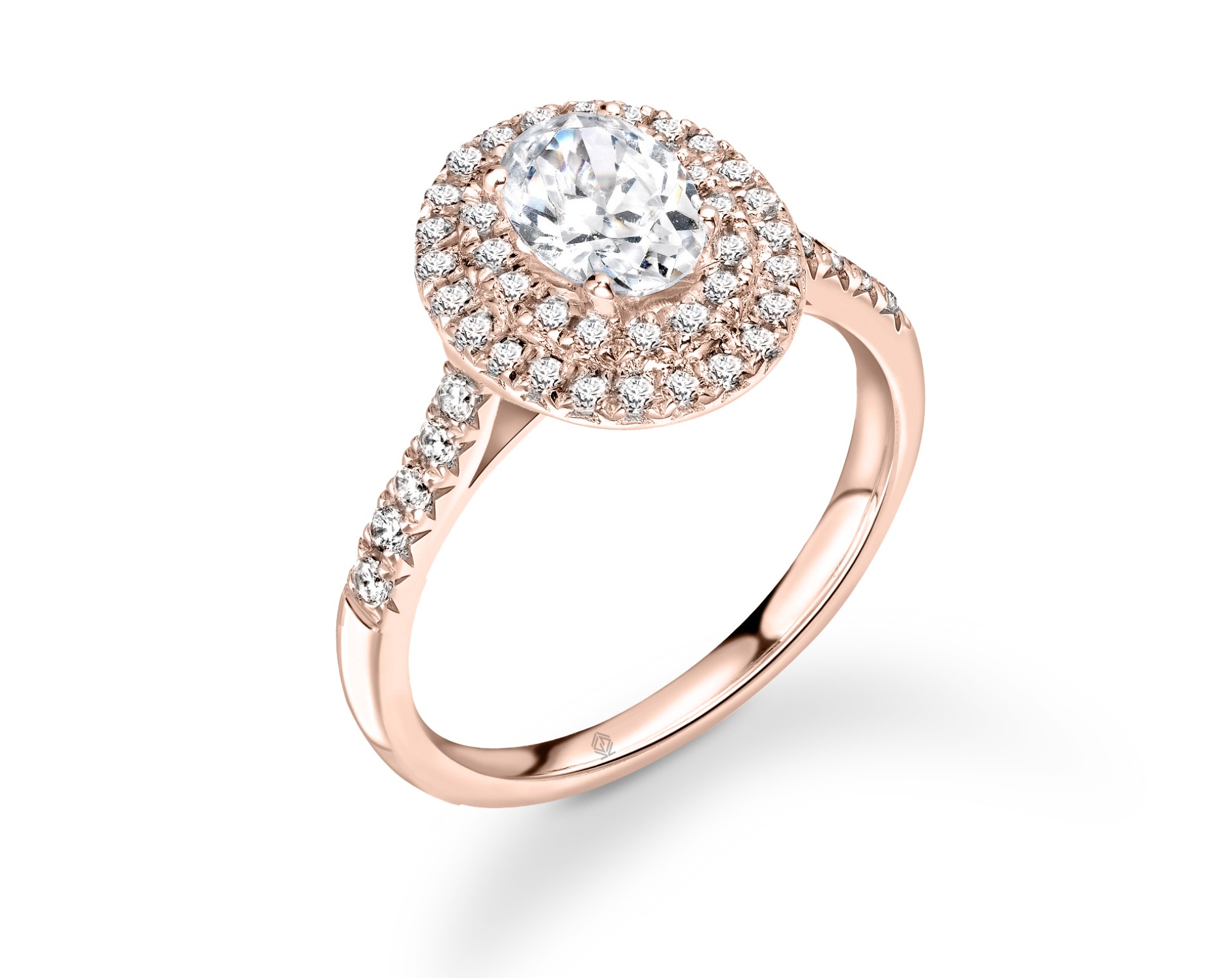 18K ROSE GOLD DOUBLE HALO OVAL CUT DIAMOND ENGAGEMENT RING WITH SIDE STONES PAVE SET