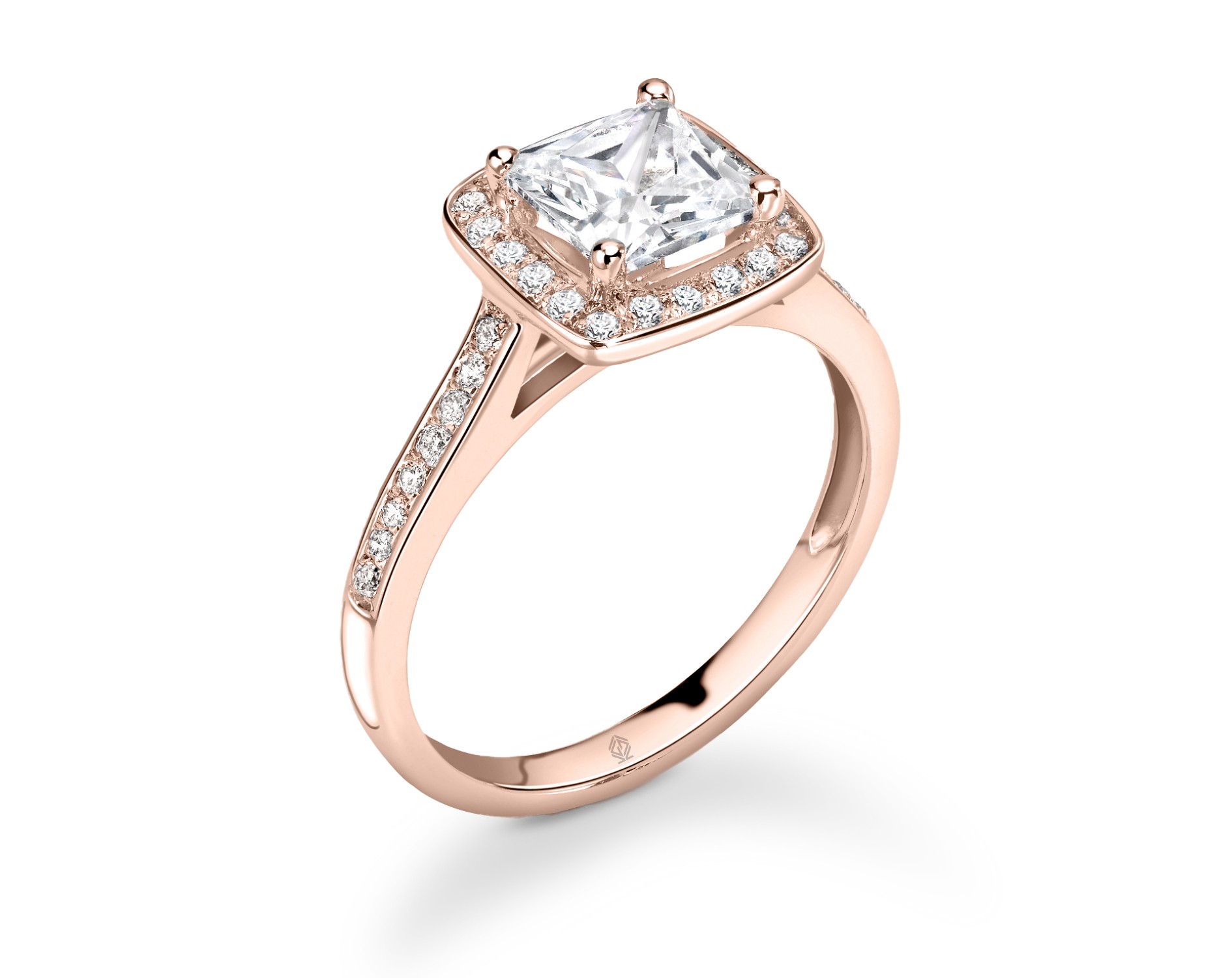 18K ROSE GOLD HALO PRINCESS CUT DIAMOND ENGAGEMENT RING WITH SIDE STONES CHANNEL SET
