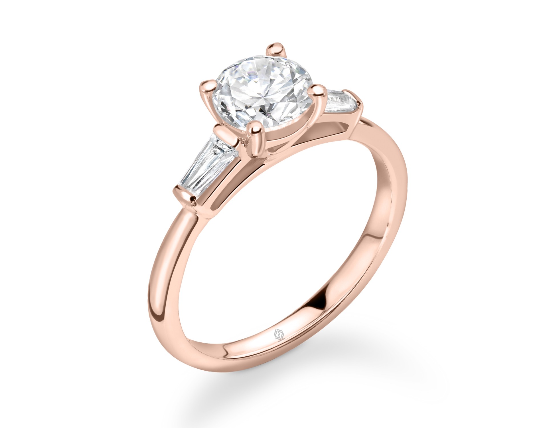18K ROSE GOLD ROUND CUT DIAMOND RING WITH BAGUETTES CUT SIDE STONES