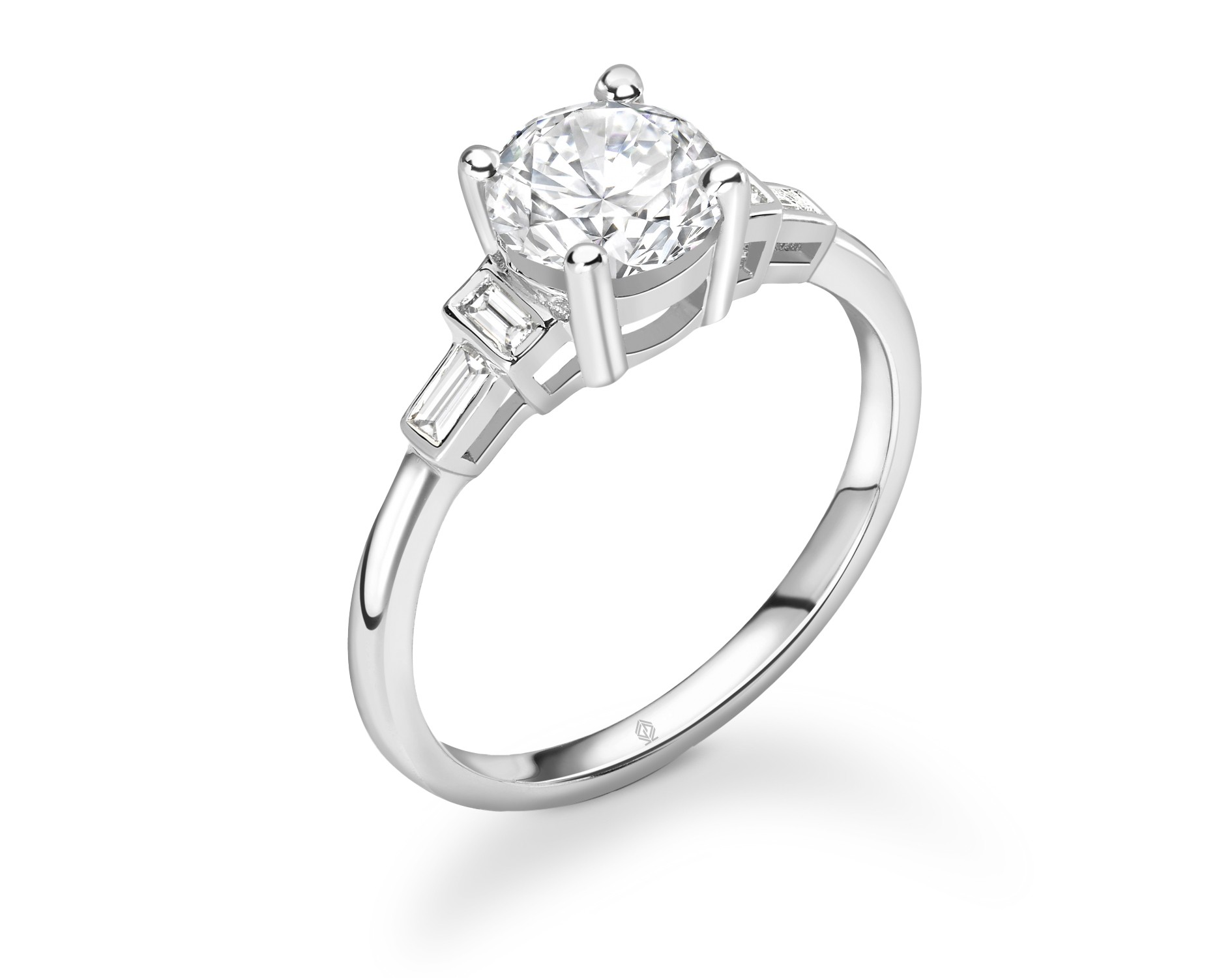 18K WHITE GOLD ROUND CUT 4 PRONGS DIAMOND ENGAGEMENT RING WITH BAGUETTES CUT SIDE STONES