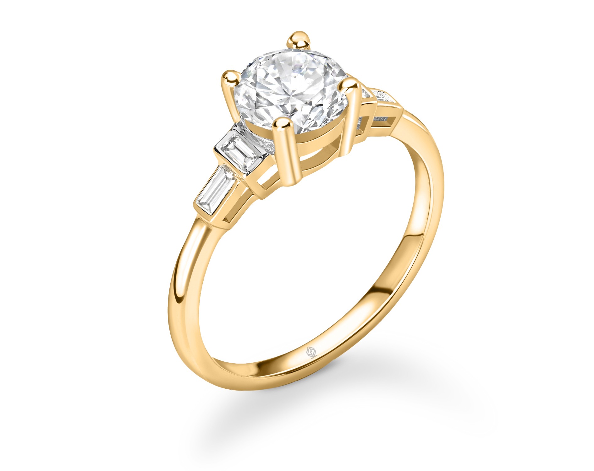 18K YELLOW GOLD ROUND CUT 4 PRONGS DIAMOND ENGAGEMENT RING WITH BAGUETTES CUT SIDE STONES