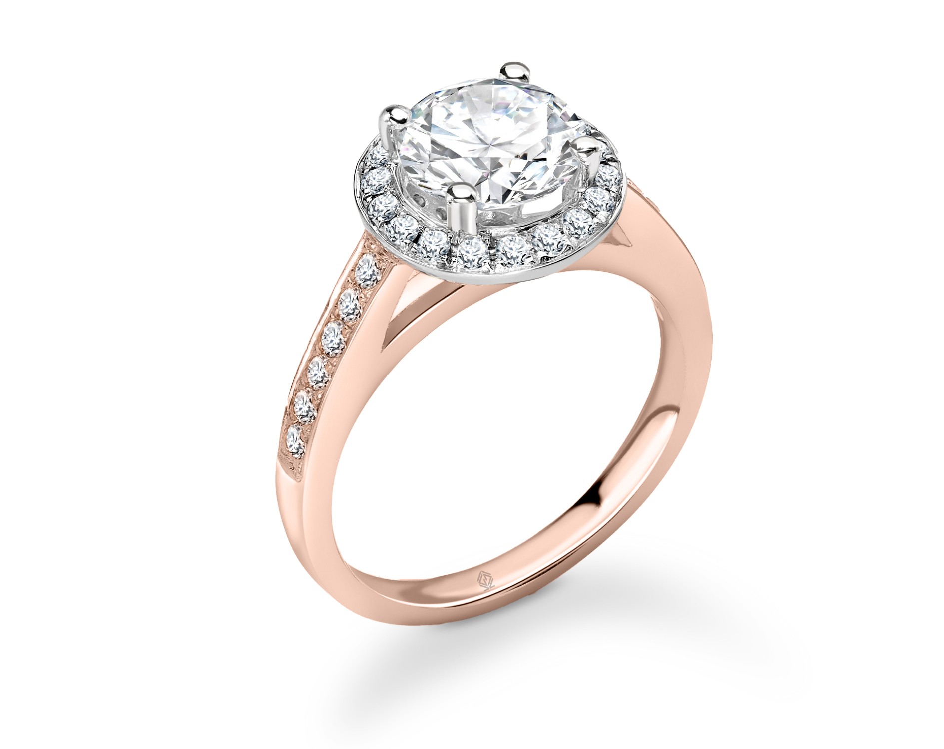 DUAL-TONE ROUND CUT HALO DIAMOND RING WITH SIDE STONES CHANNEL SET