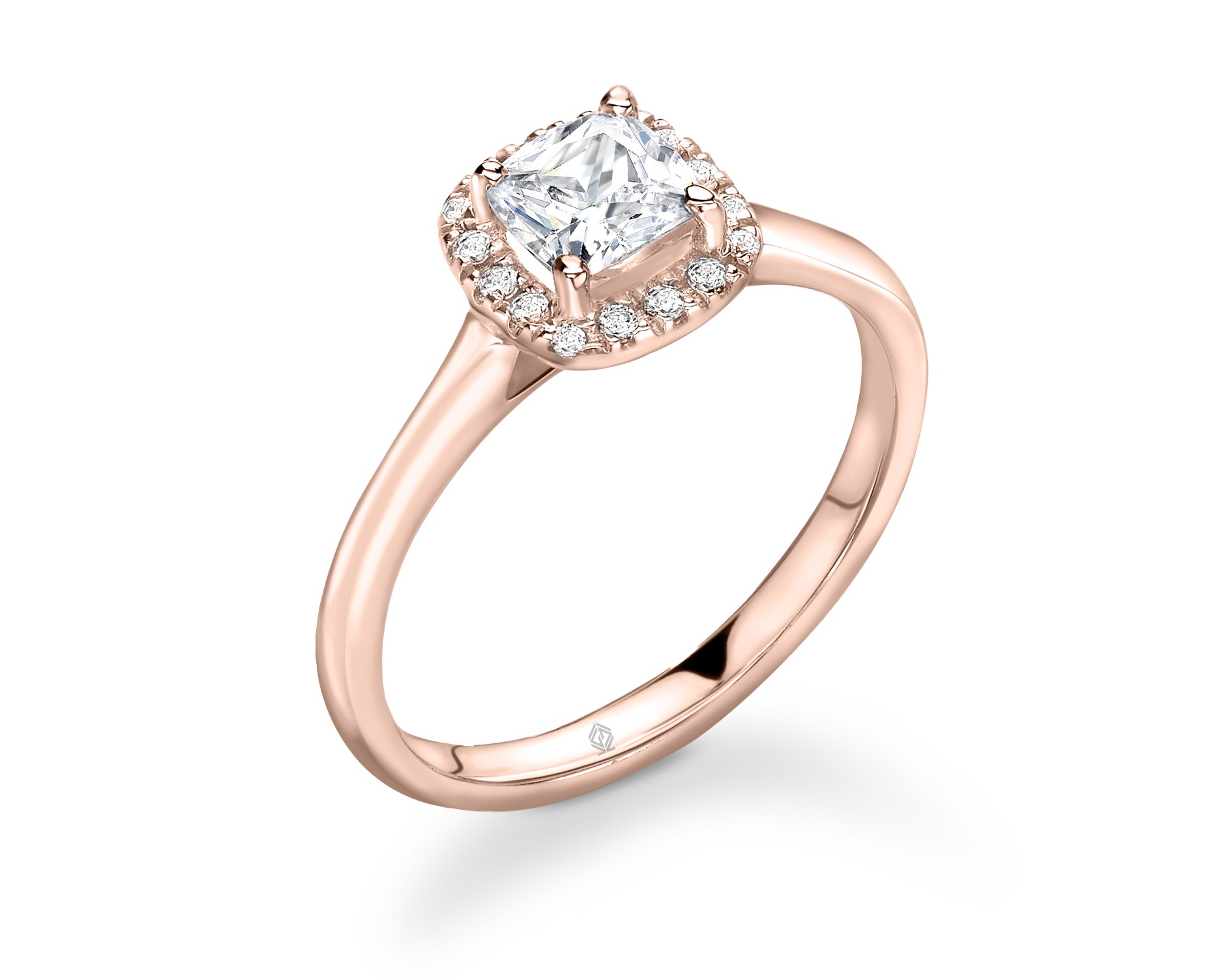 18K ROSE GOLD HALO SET CUSHION CUT DIAMOND ENGAGEMENT RING