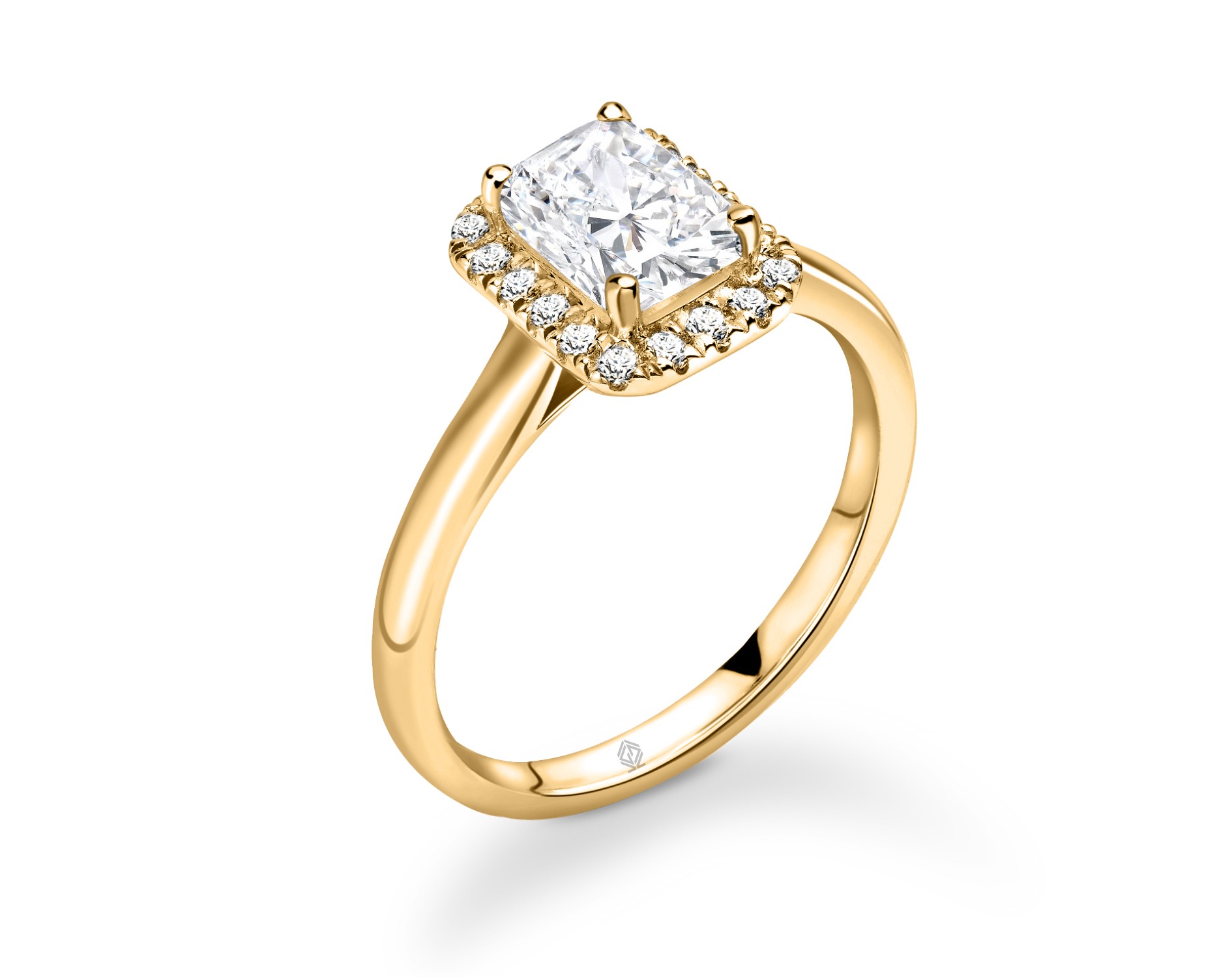 18K YELLOW GOLD HALO SET EMERALD CUT DIAMOND ENGAGEMENT RING