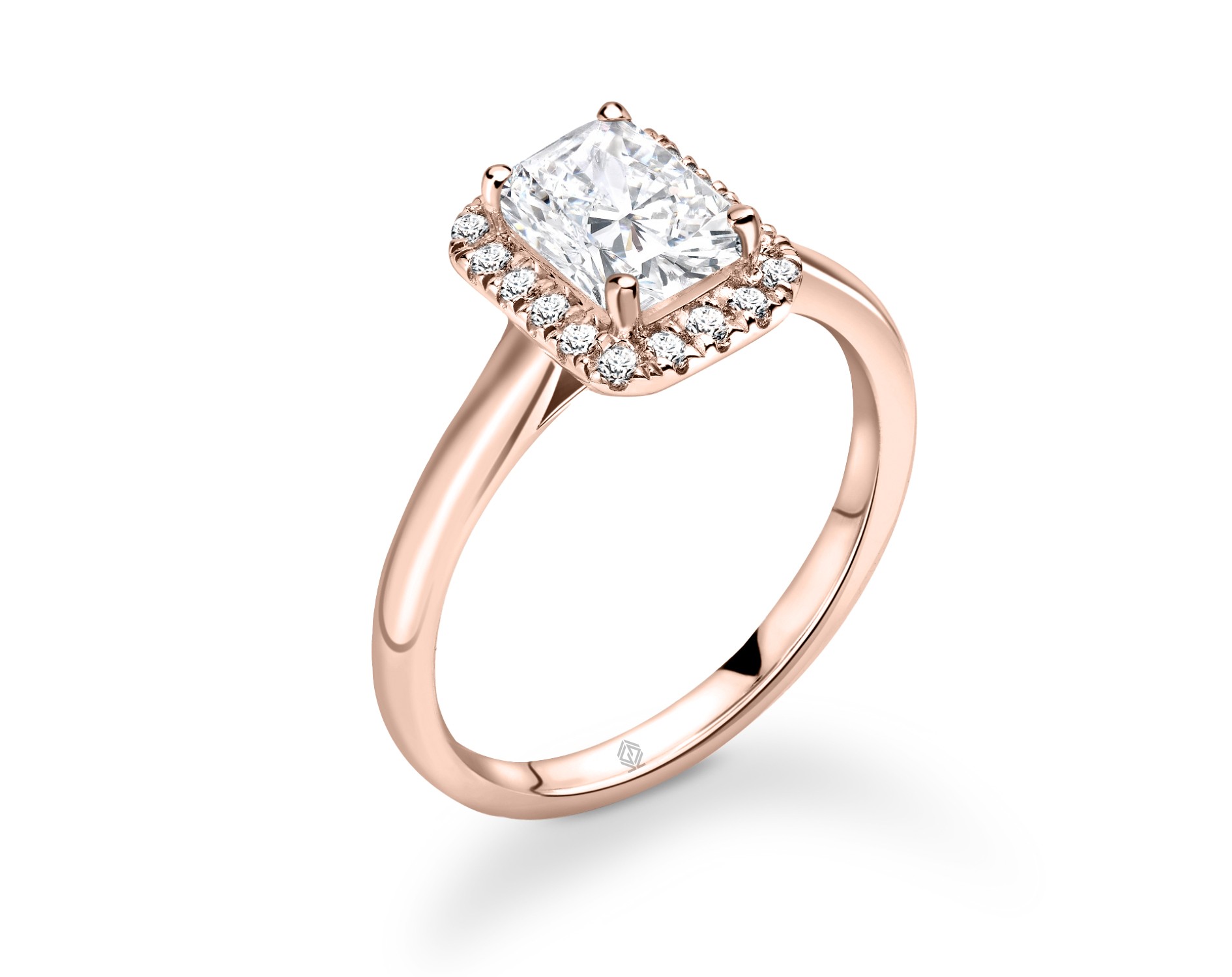 18K ROSE GOLD HALO SET EMERALD CUT DIAMOND ENGAGEMENT RING