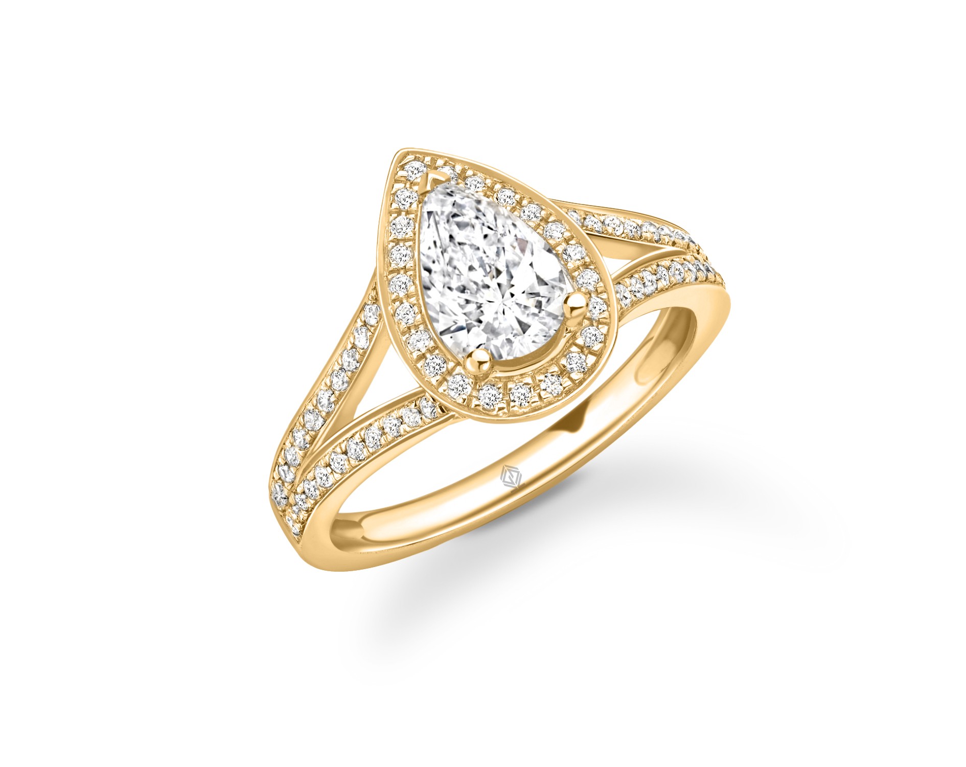 18K YELLOW GOLD HALO PEAR CUT DIAMOND ENGAGEMENT RING WITH SPLIT SHANK AND SIDE STONES