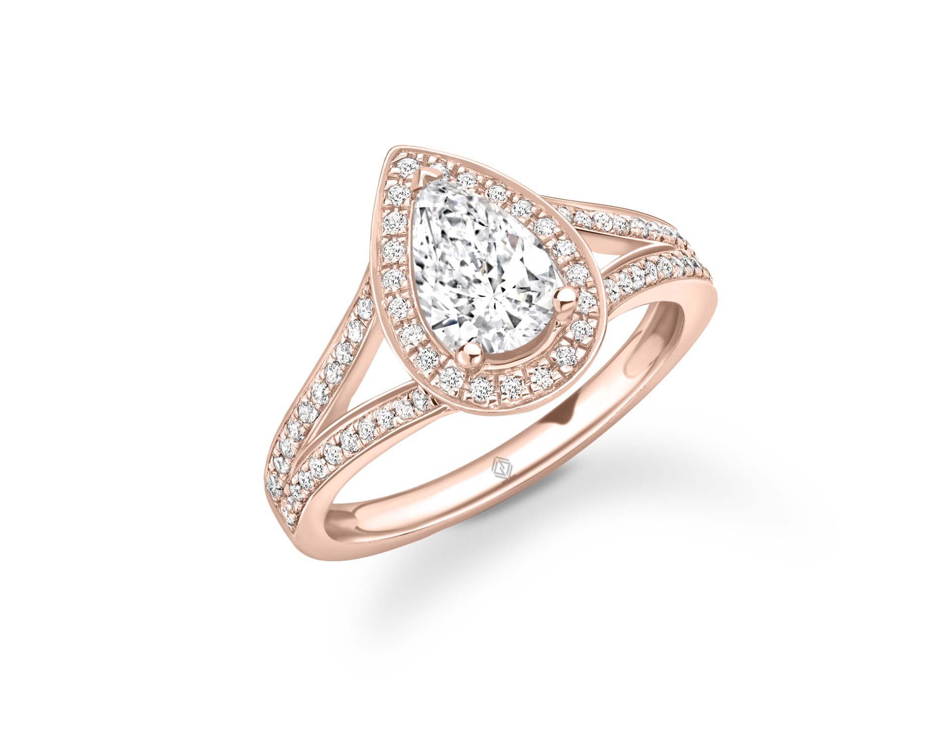 18K ROSE GOLD HALO PEAR CUT DIAMOND ENGAGEMENT RING WITH SPLIT SHANK AND SIDE STONES
