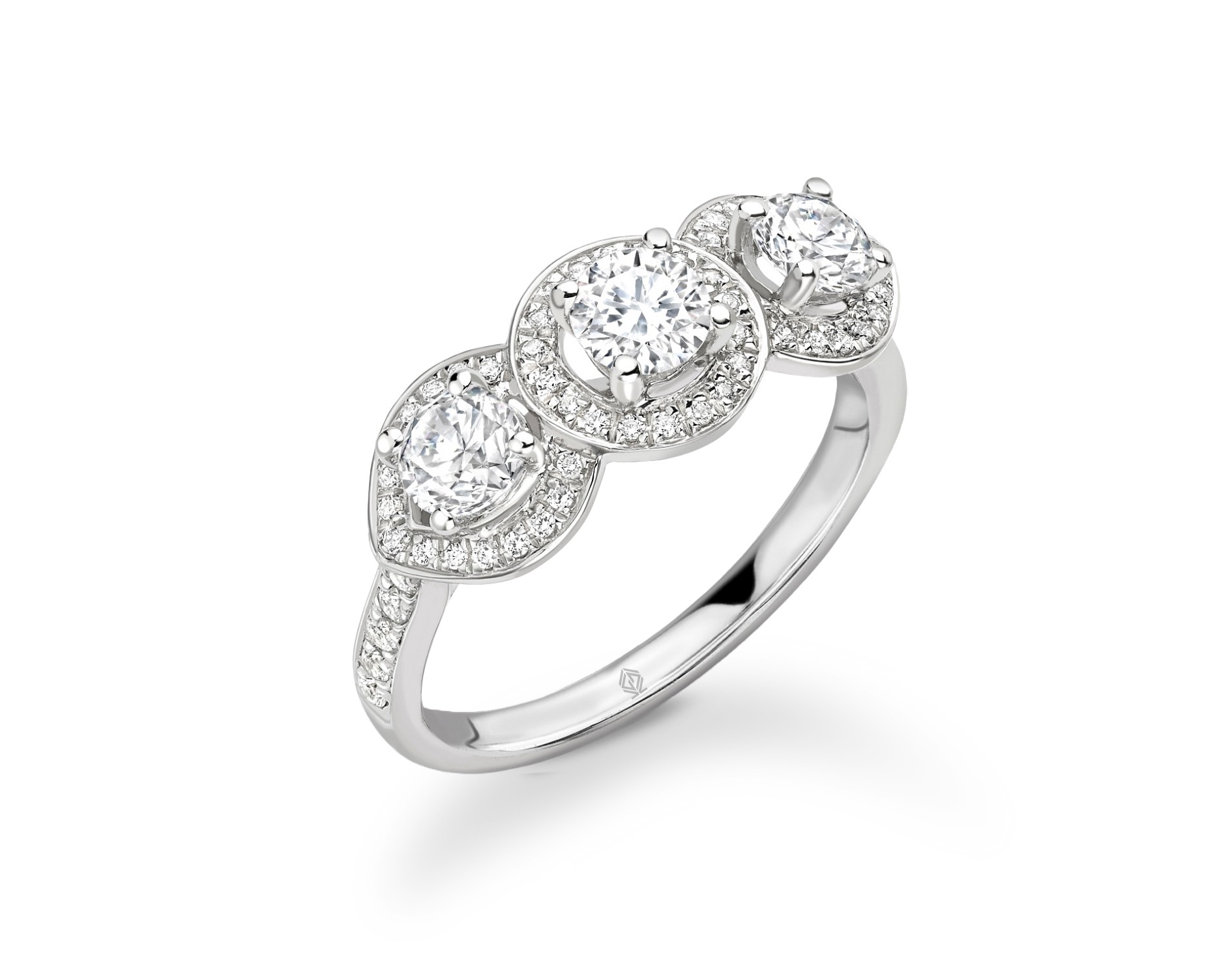 18K WHITE GOLD HALO ROUND CUT TRILOGY DIAMOND ENGAGEMENT RING WITH SIDE DIAMONDS CHANNEL SET