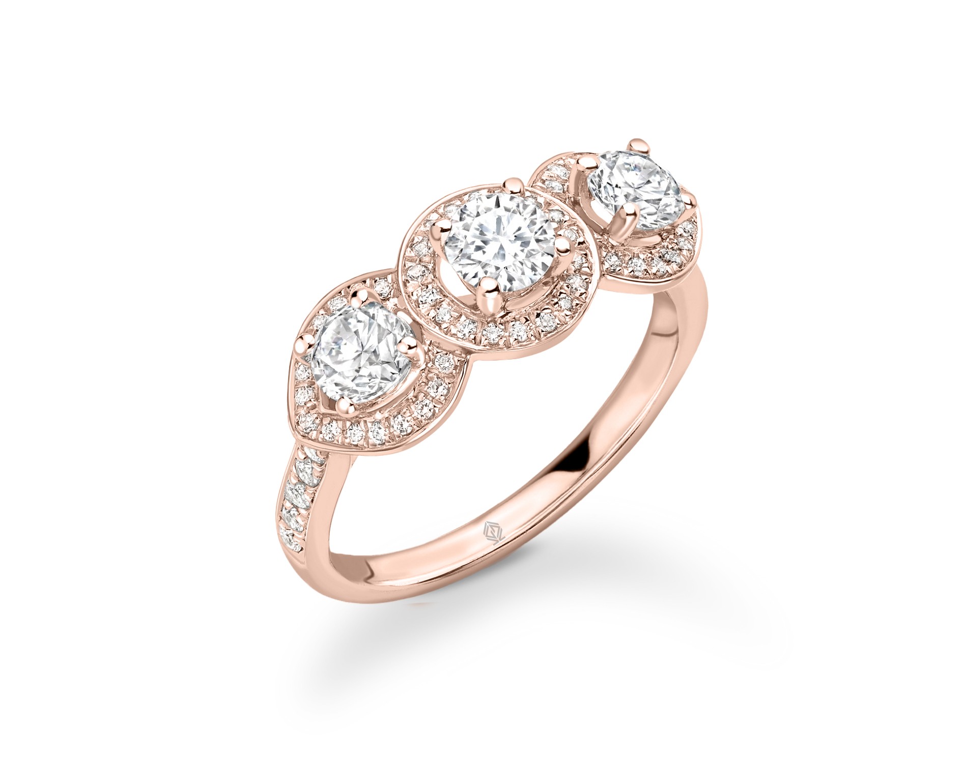 18K ROSE GOLD HALO ROUND CUT TRILOGY DIAMOND ENGAGEMENT RING WITH SIDE DIAMONDS CHANNEL SET