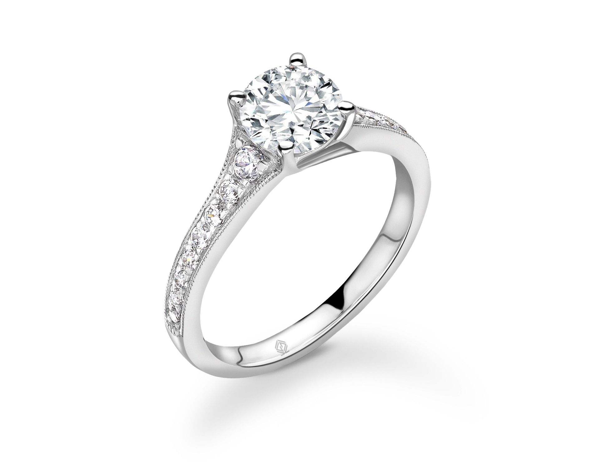18K WHITE GOLD ROUND CUT 4 PRONGS DIAMOND ENGAGEMENT RING WITH SIDE STONES CHANNEL SET