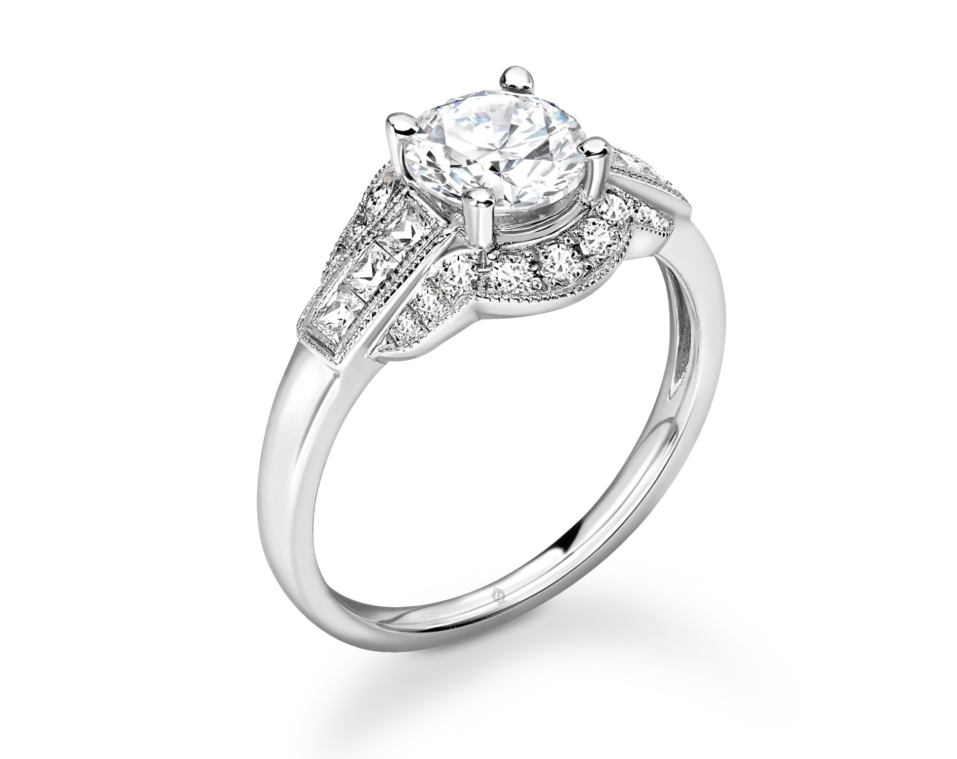 18K WHITE GOLD MILGRAIN HALO ROUND CUT DIAMOND ENGAGEMENT RING WITH SIDE DIAMONDS CHANNEL SET