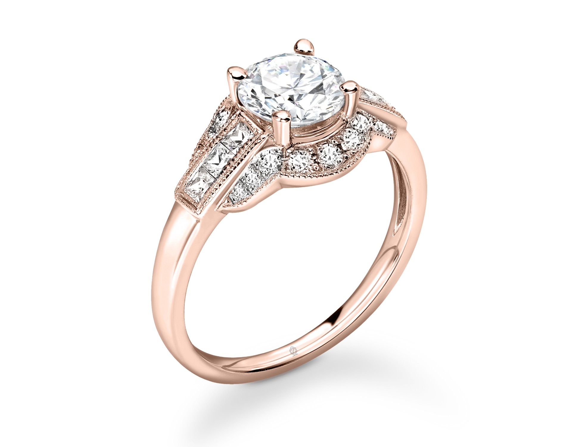 18K ROSE GOLD MILGRAIN HALO ROUND CUT DIAMOND ENGAGEMENT RING WITH SIDE DIAMONDS CHANNEL SET