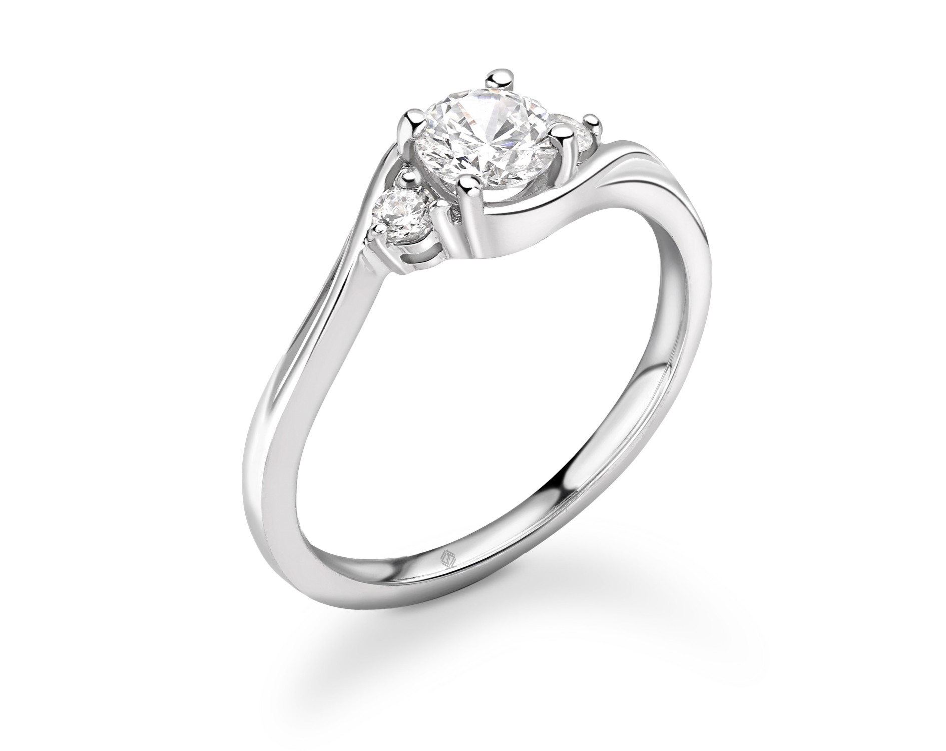 18K WHITE GOLD ROUND CUT TRILOGY DIAMOND ENGAGEMENT RING WITH TWISTED SHANK