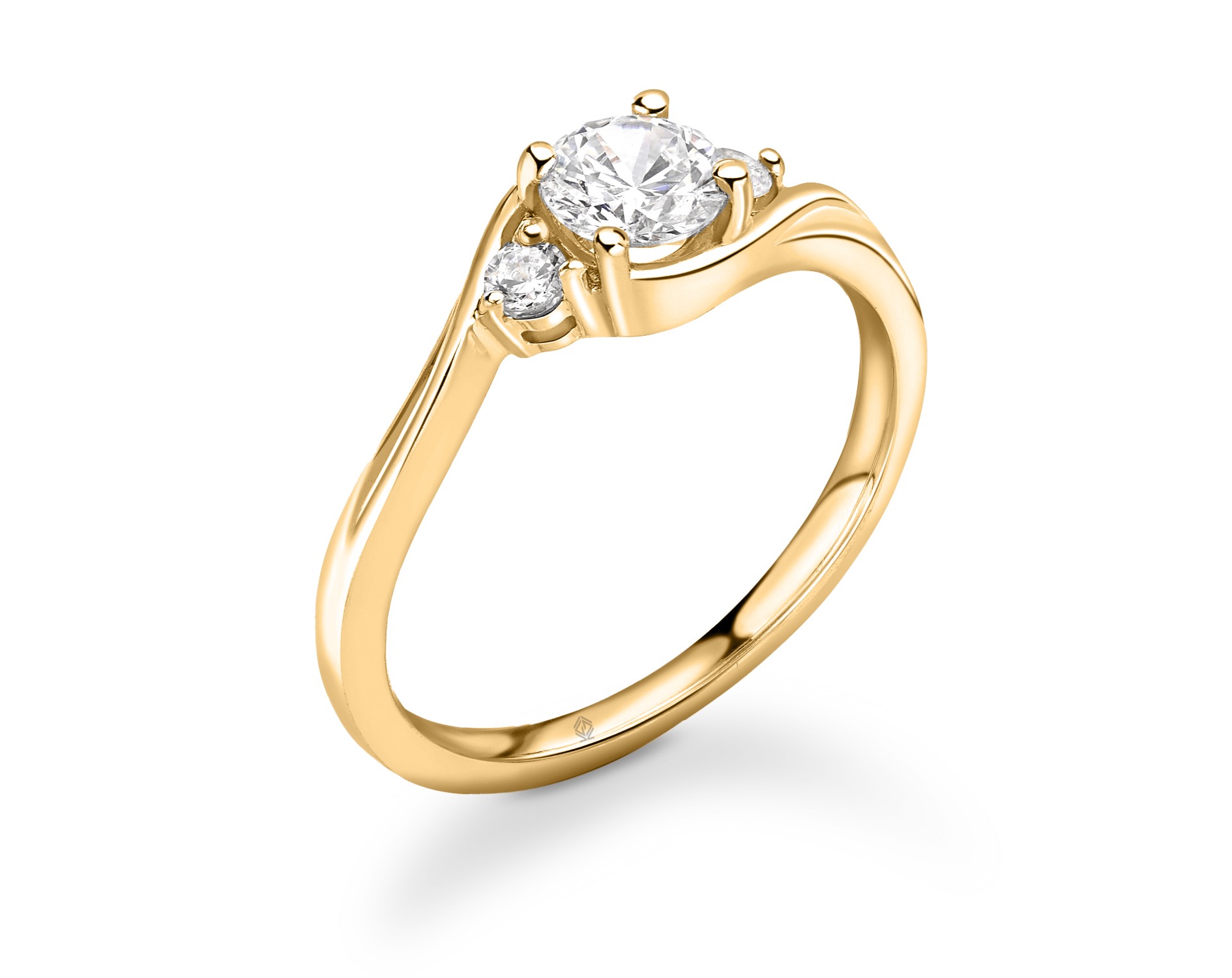 18K YELLOW GOLD ROUND CUT TRILOGY DIAMOND ENGAGEMENT RING WITH TWISTED SHANK