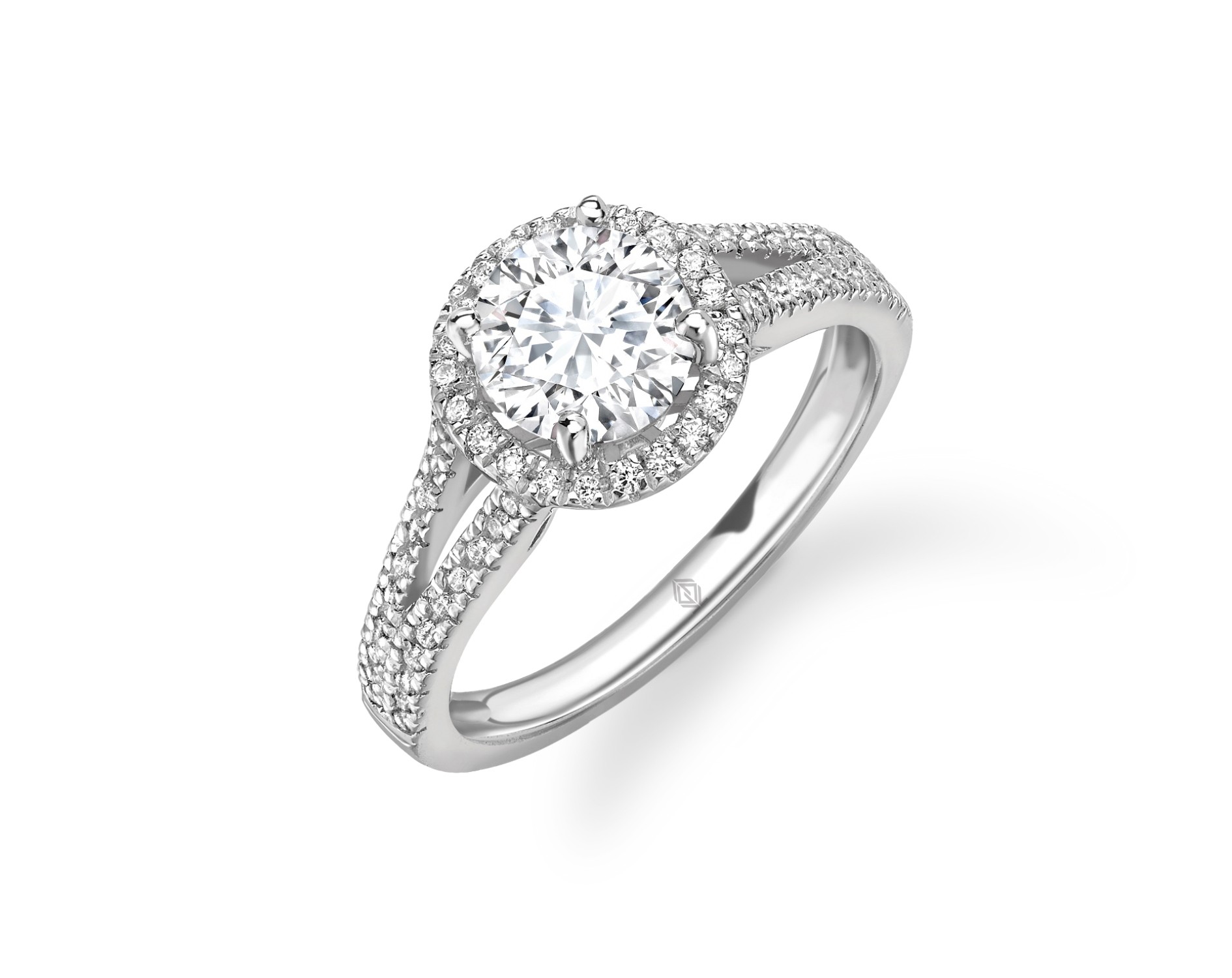 18K WHITE GOLD HALO DIAMOND ENGAGEMENT RING WITH SPLIT SHANKS IN PAVE SET