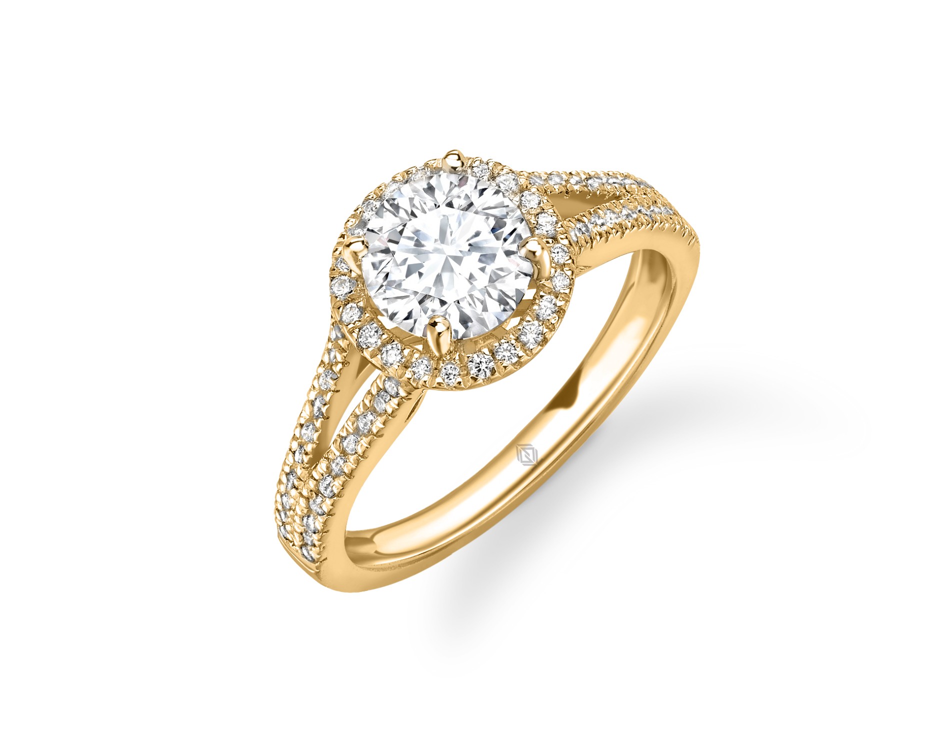 18K YELLOW GOLD HALO DIAMOND ENGAGEMENT RING WITH SPLIT SHANKS IN PAVE SET