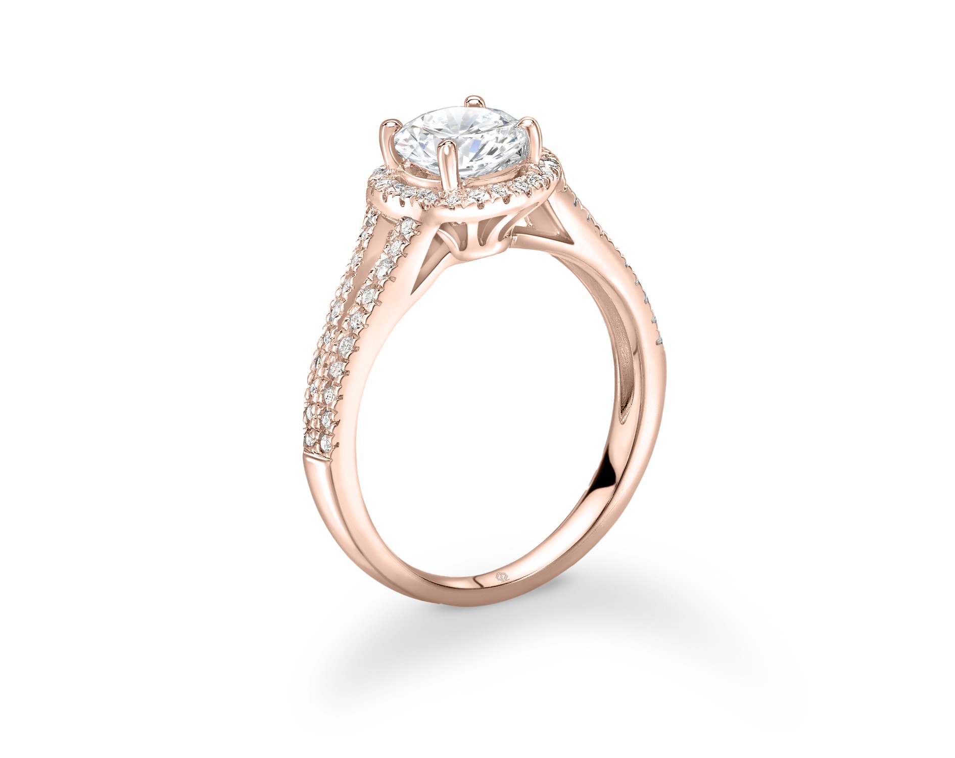 18K ROSE GOLD HALO DIAMOND ENGAGEMENT RING WITH SPLIT SHANKS IN PAVE SET