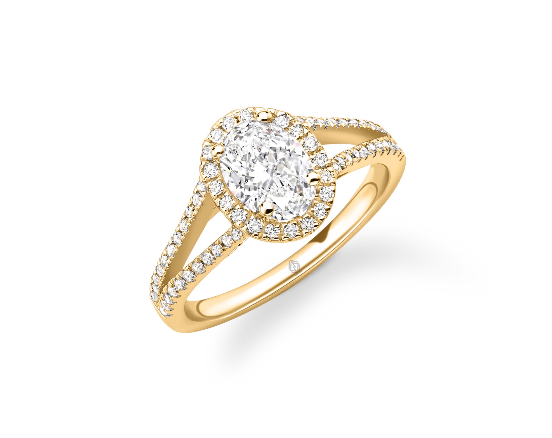 18K YELLOW GOLD OVAL CUT HALO DIAMOND ENGAGEMENT RING WITH SPLIT SHANK IN PAVE SET