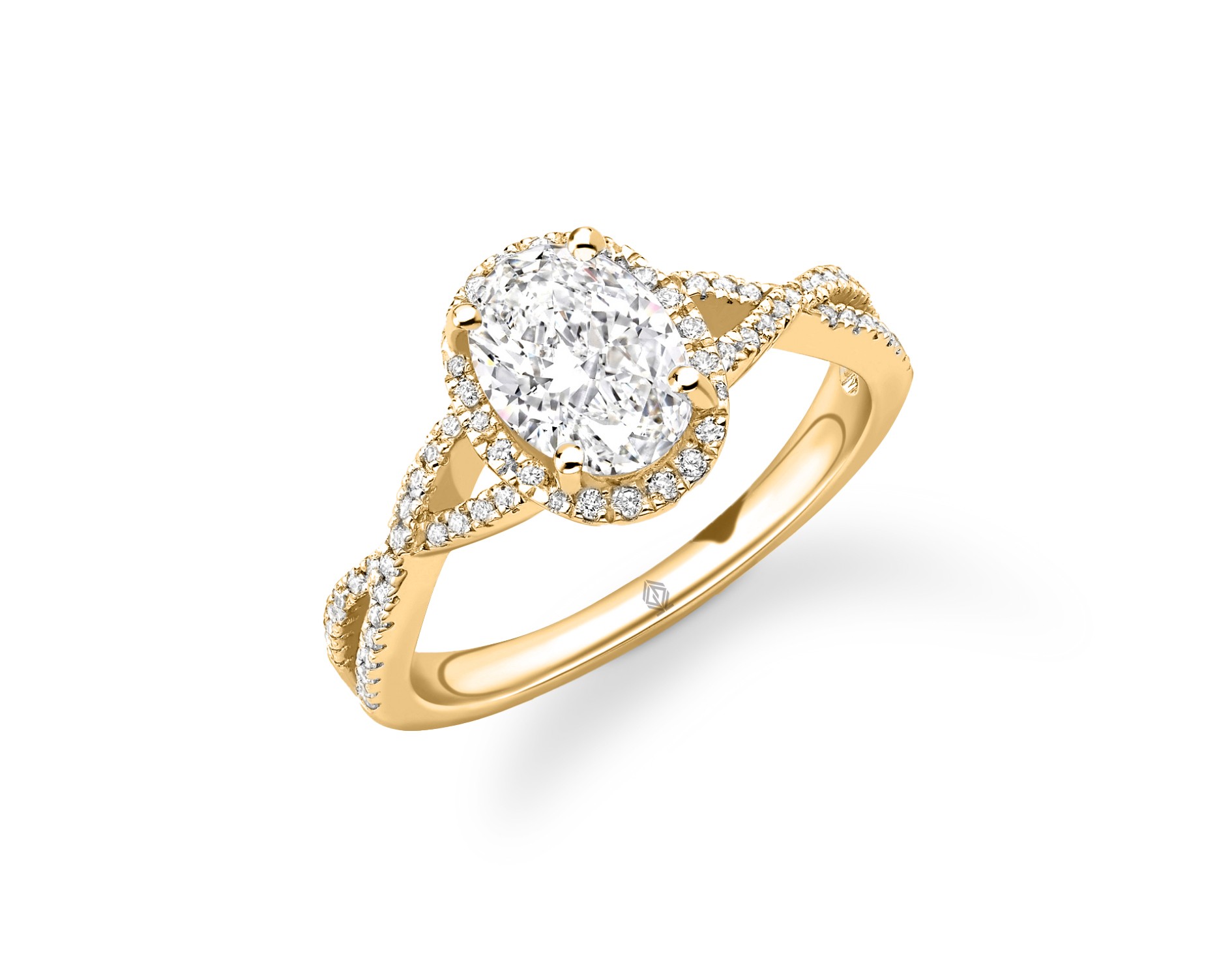 18K YELLOW GOLD OVAL CUT HALO DIAMOND ENGAGEMENT RING WITH TWISTED SHANK