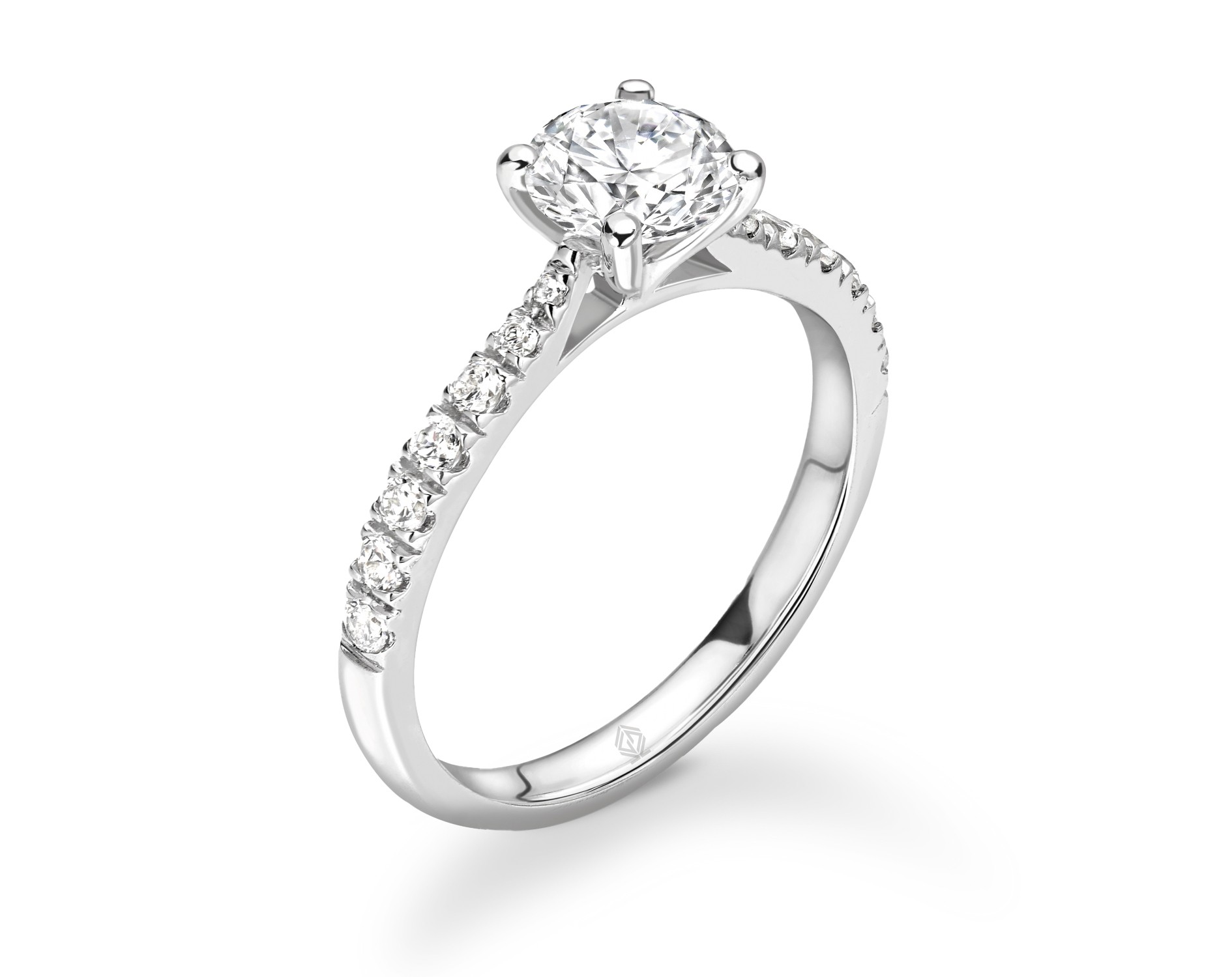 18K WHITE GOLD 4 PRONGS ROUND CUT DIAMOND ENGAGEMENT RING WITH SIDE STONES IN PAVE SET