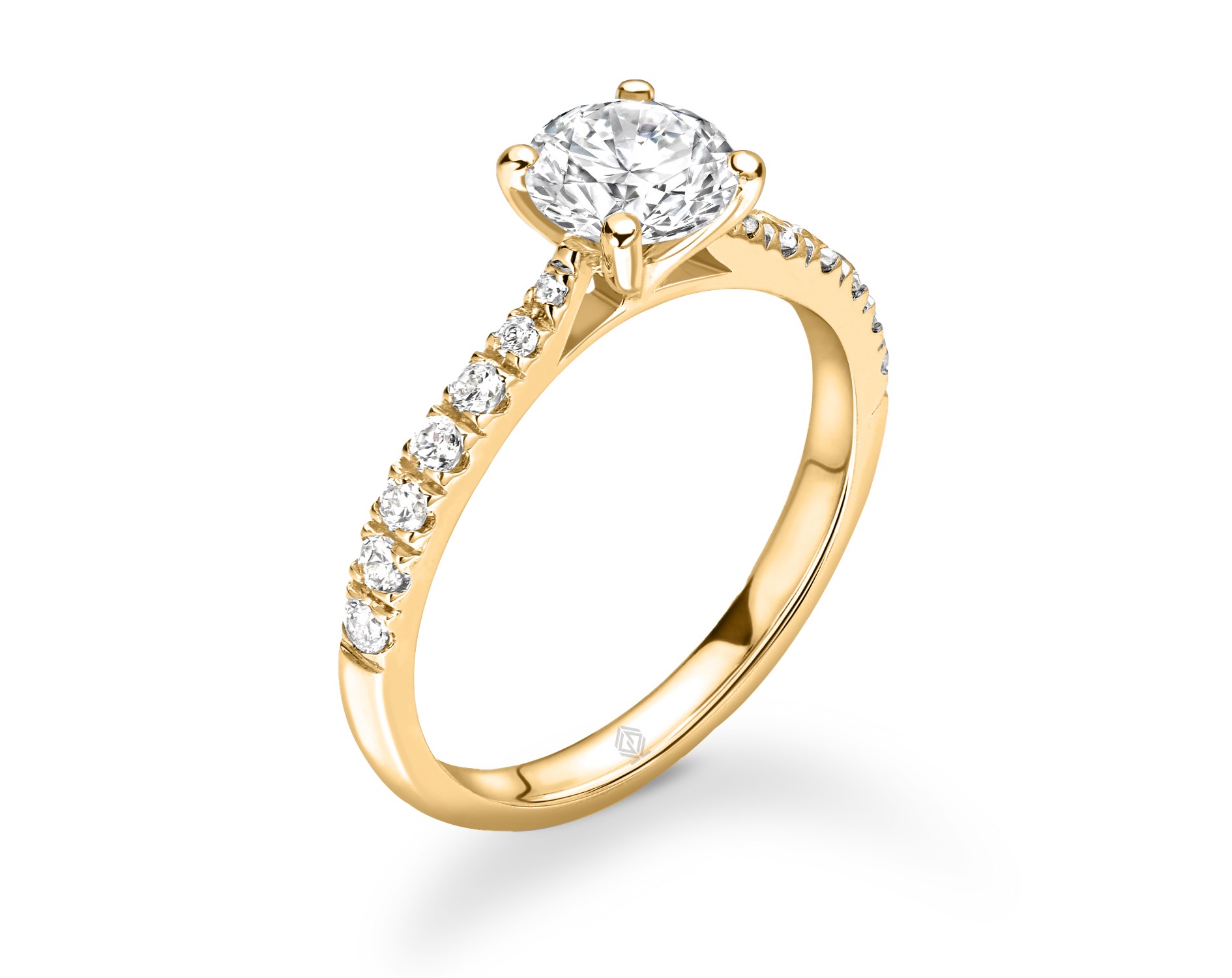 18K YELLOW GOLD 4 PRONGS ROUND CUT DIAMOND ENGAGEMENT RING WITH SIDE STONES IN PAVE SET