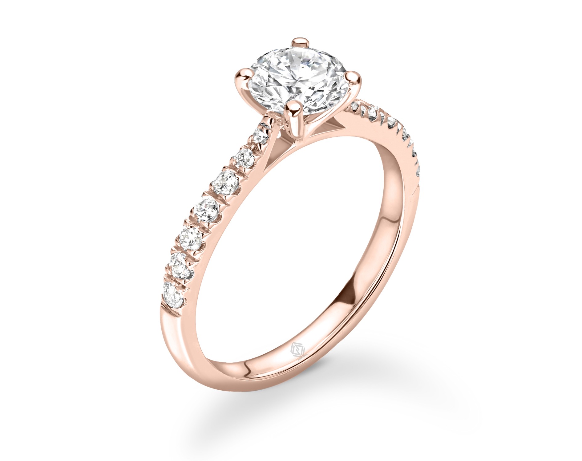 18K ROSE GOLD 4 PRONGS ROUND CUT DIAMOND ENGAGEMENT RING WITH SIDE STONES IN PAVE SET
